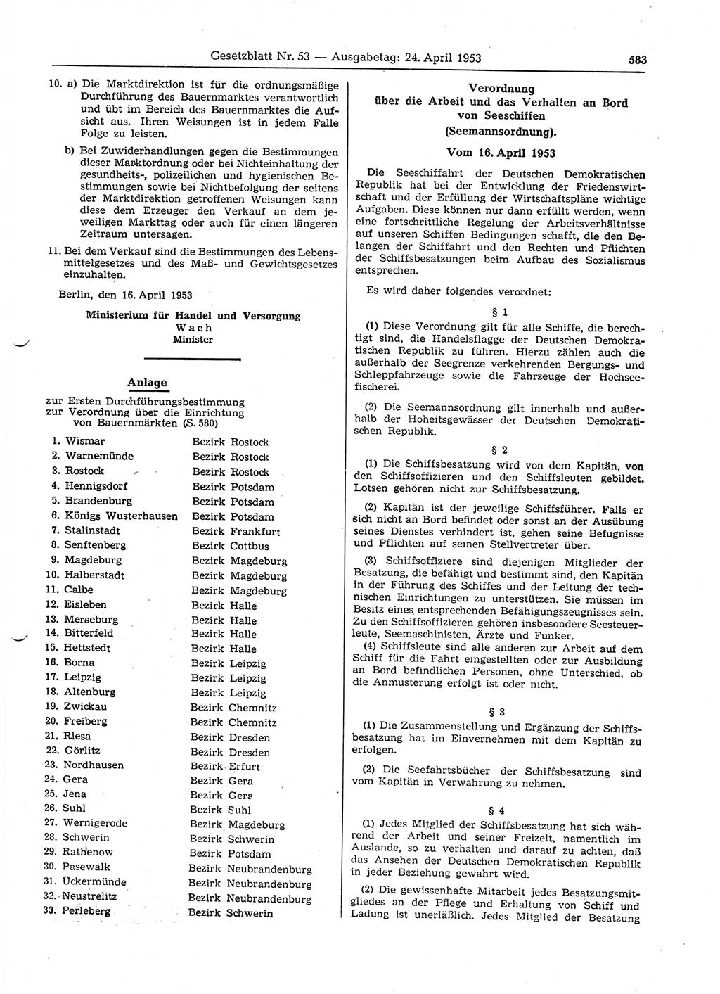 Gesetzblatt (GBl.) der Deutschen Demokratischen Republik (DDR) 1953, Seite 583 (GBl. DDR 1953, S. 583)