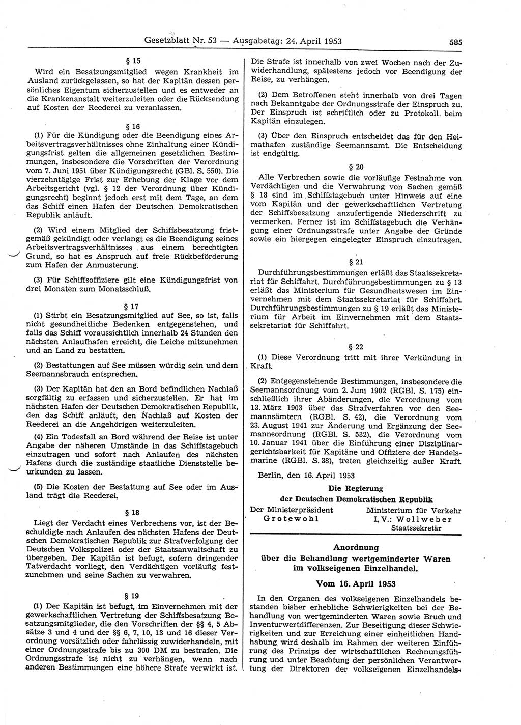 Gesetzblatt (GBl.) der Deutschen Demokratischen Republik (DDR) 1953, Seite 585 (GBl. DDR 1953, S. 585)