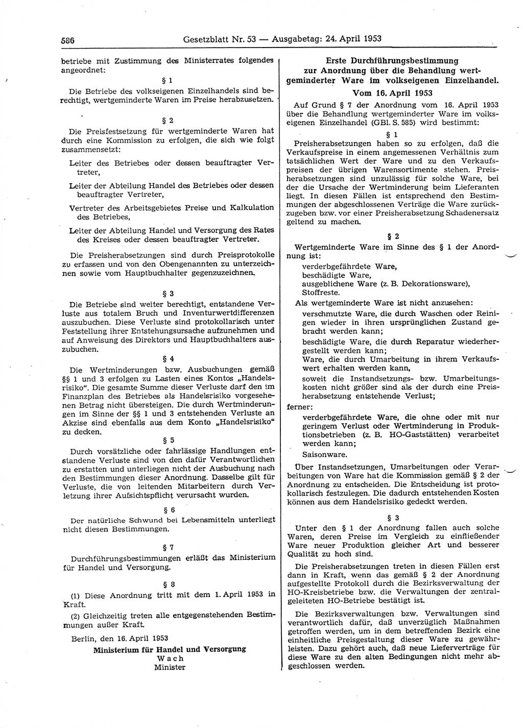 Gesetzblatt (GBl.) der Deutschen Demokratischen Republik (DDR) 1953, Seite 586 (GBl. DDR 1953, S. 586)