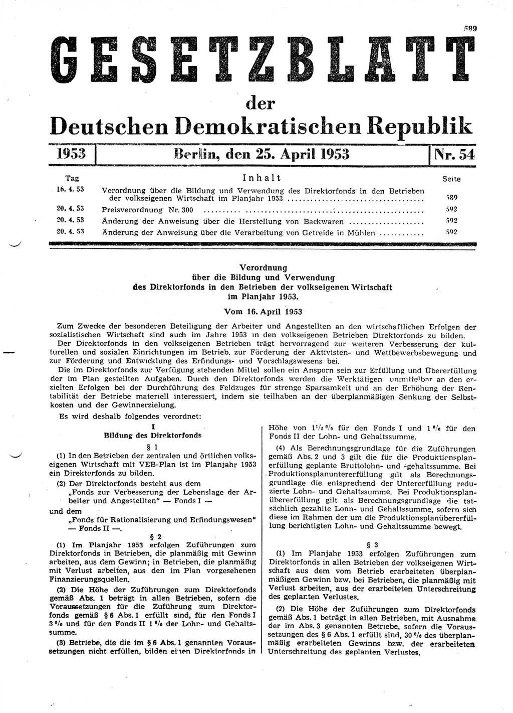 Gesetzblatt (GBl.) der Deutschen Demokratischen Republik (DDR) 1953, Seite 589 (GBl. DDR 1953, S. 589)