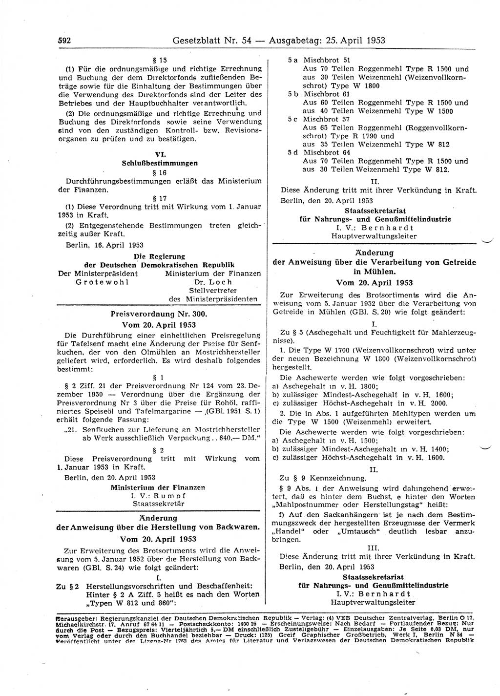 Gesetzblatt (GBl.) der Deutschen Demokratischen Republik (DDR) 1953, Seite 592 (GBl. DDR 1953, S. 592)