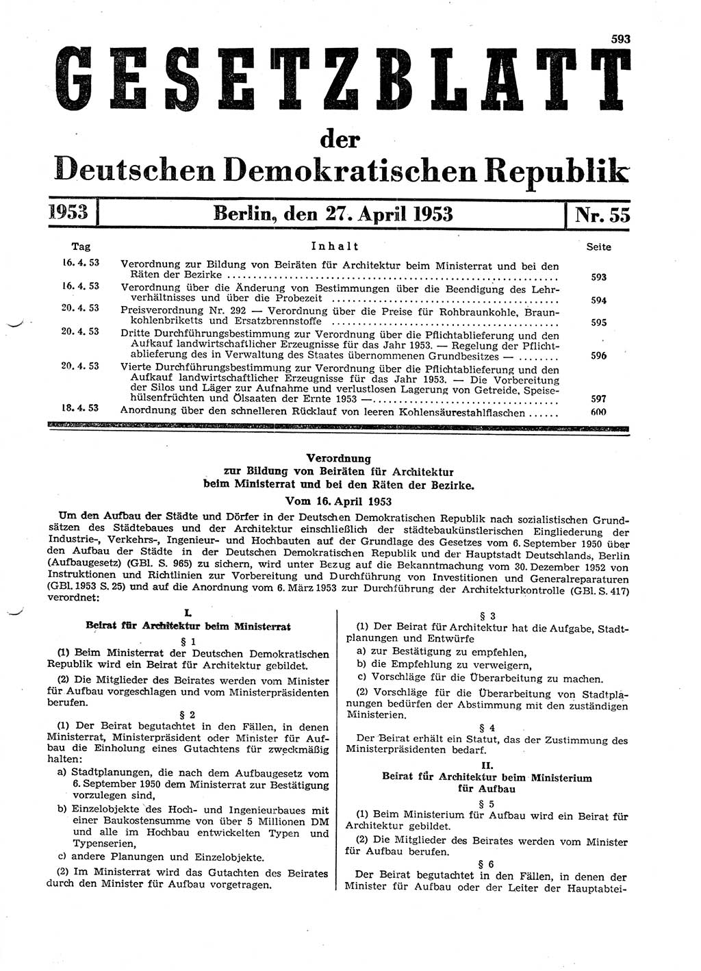 Gesetzblatt (GBl.) der Deutschen Demokratischen Republik (DDR) 1953, Seite 593 (GBl. DDR 1953, S. 593)