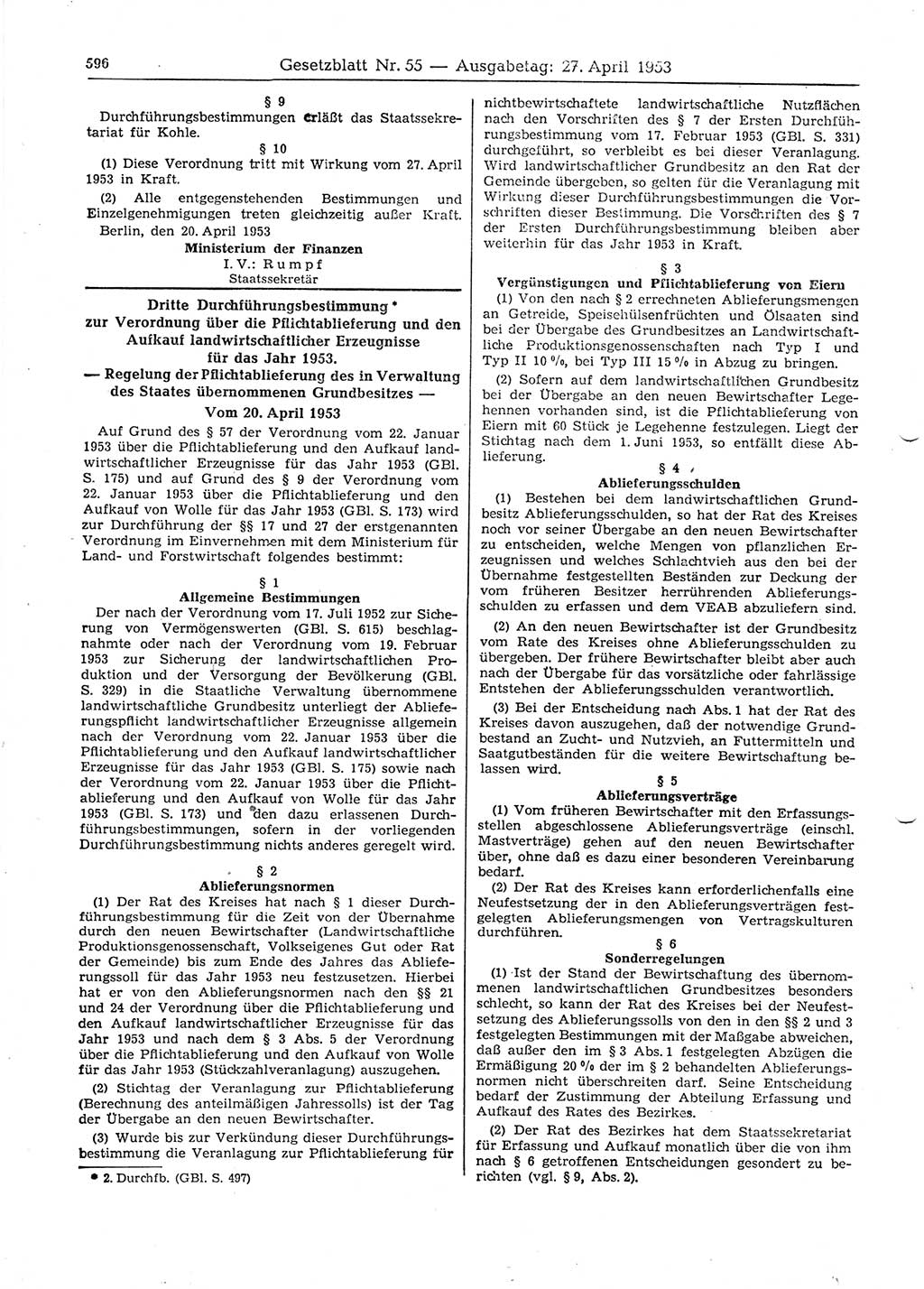 Gesetzblatt (GBl.) der Deutschen Demokratischen Republik (DDR) 1953, Seite 596 (GBl. DDR 1953, S. 596)