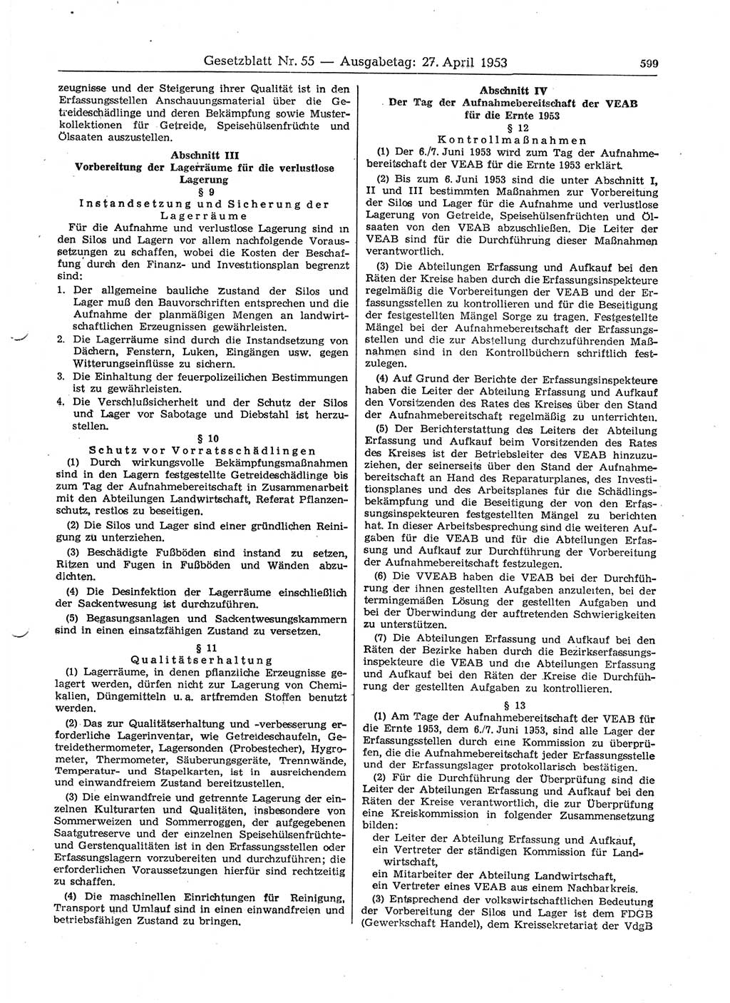 Gesetzblatt (GBl.) der Deutschen Demokratischen Republik (DDR) 1953, Seite 599 (GBl. DDR 1953, S. 599)
