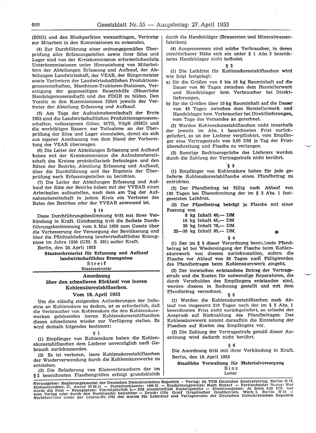 Gesetzblatt (GBl.) der Deutschen Demokratischen Republik (DDR) 1953, Seite 600 (GBl. DDR 1953, S. 600)