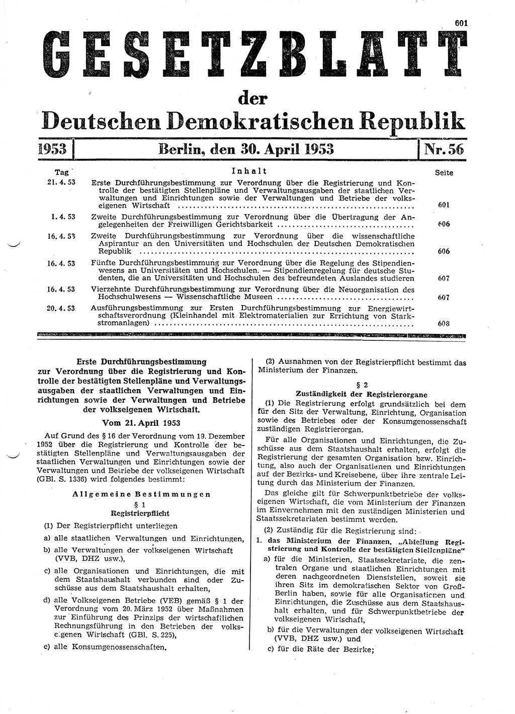 Gesetzblatt (GBl.) der Deutschen Demokratischen Republik (DDR) 1953, Seite 601 (GBl. DDR 1953, S. 601)