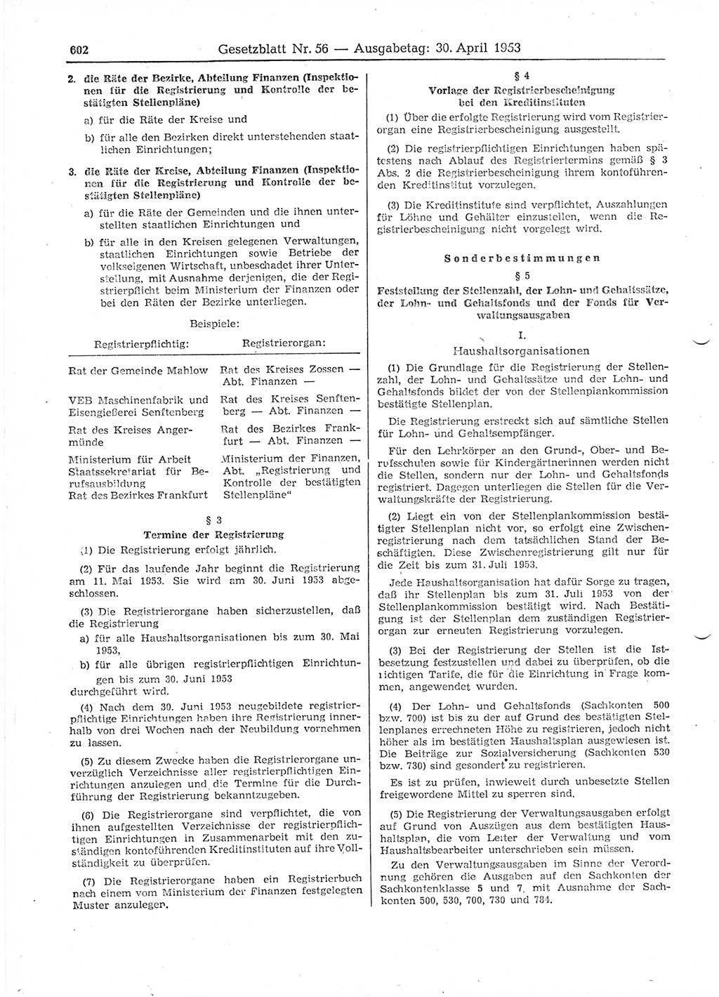 Gesetzblatt (GBl.) der Deutschen Demokratischen Republik (DDR) 1953, Seite 602 (GBl. DDR 1953, S. 602)