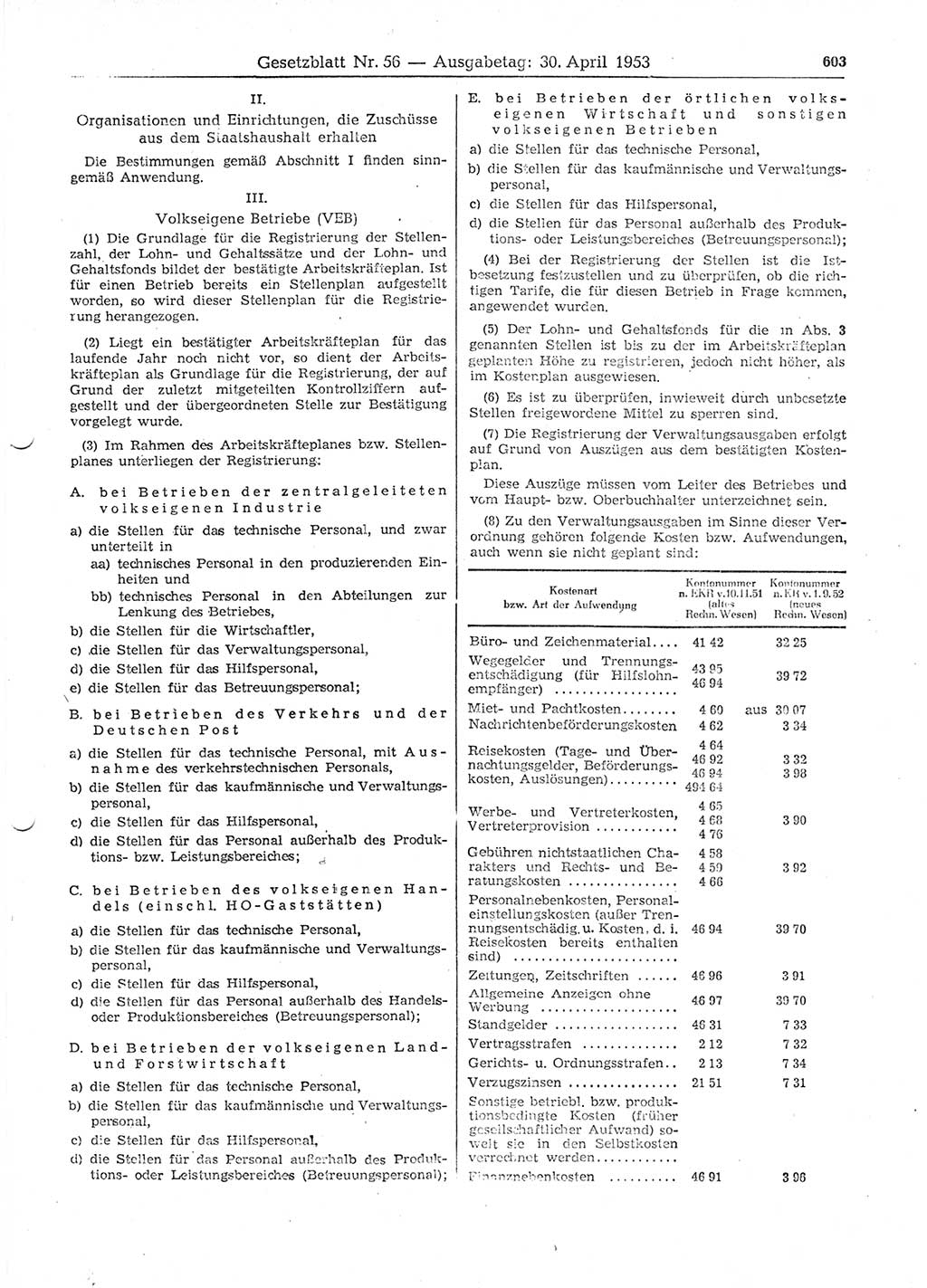 Gesetzblatt (GBl.) der Deutschen Demokratischen Republik (DDR) 1953, Seite 603 (GBl. DDR 1953, S. 603)