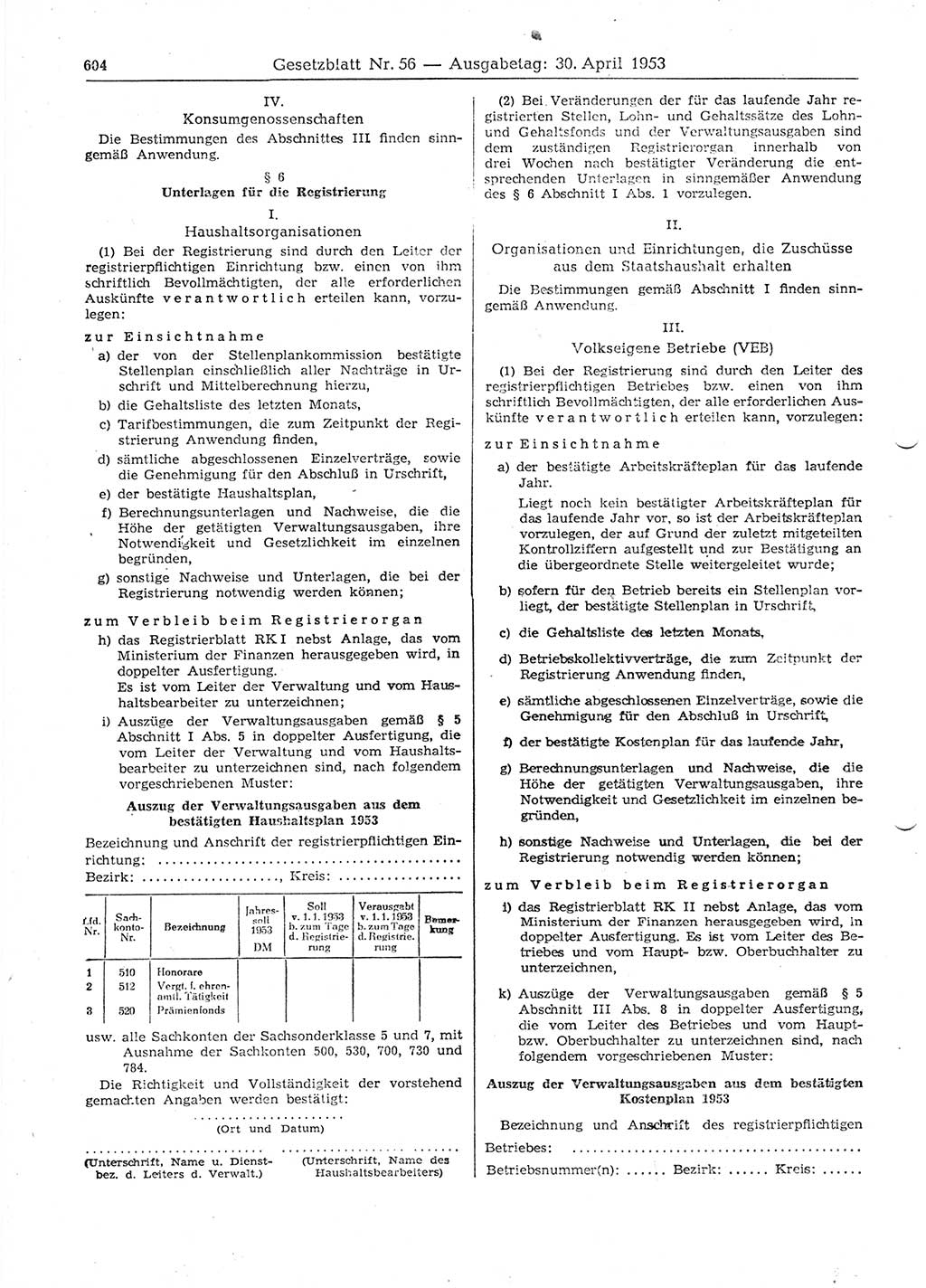 Gesetzblatt (GBl.) der Deutschen Demokratischen Republik (DDR) 1953, Seite 604 (GBl. DDR 1953, S. 604)