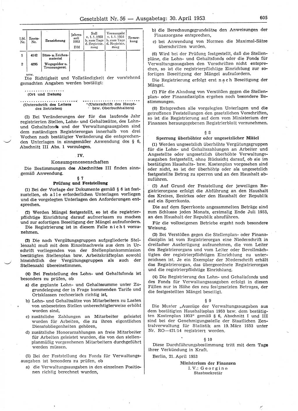 Gesetzblatt (GBl.) der Deutschen Demokratischen Republik (DDR) 1953, Seite 605 (GBl. DDR 1953, S. 605)