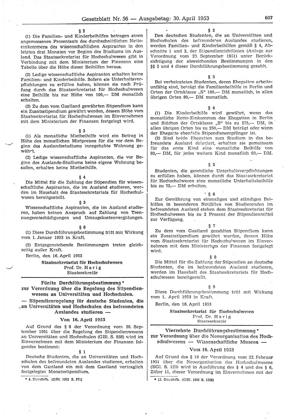Gesetzblatt (GBl.) der Deutschen Demokratischen Republik (DDR) 1953, Seite 607 (GBl. DDR 1953, S. 607)