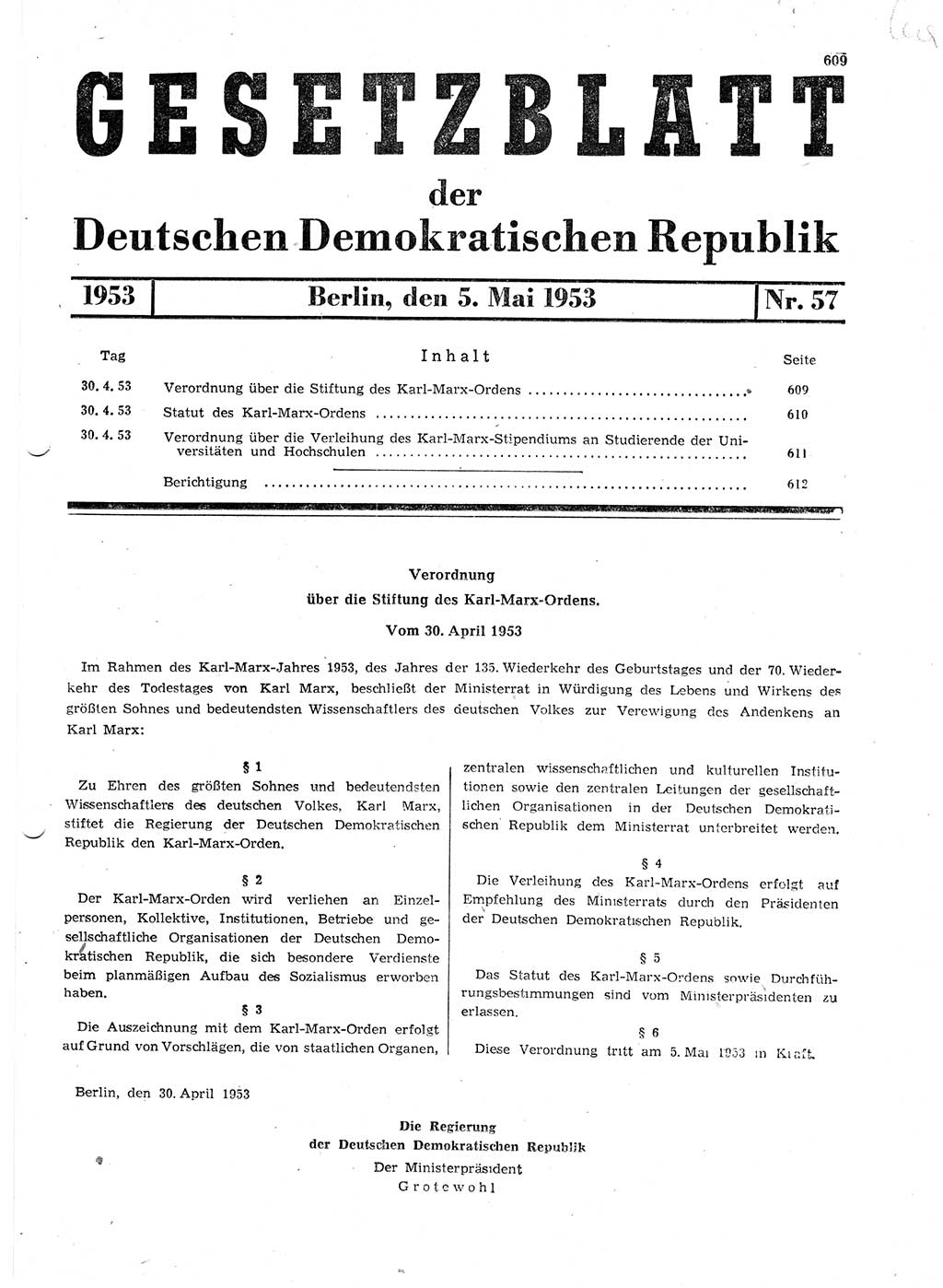 Gesetzblatt (GBl.) der Deutschen Demokratischen Republik (DDR) 1953, Seite 609 (GBl. DDR 1953, S. 609)