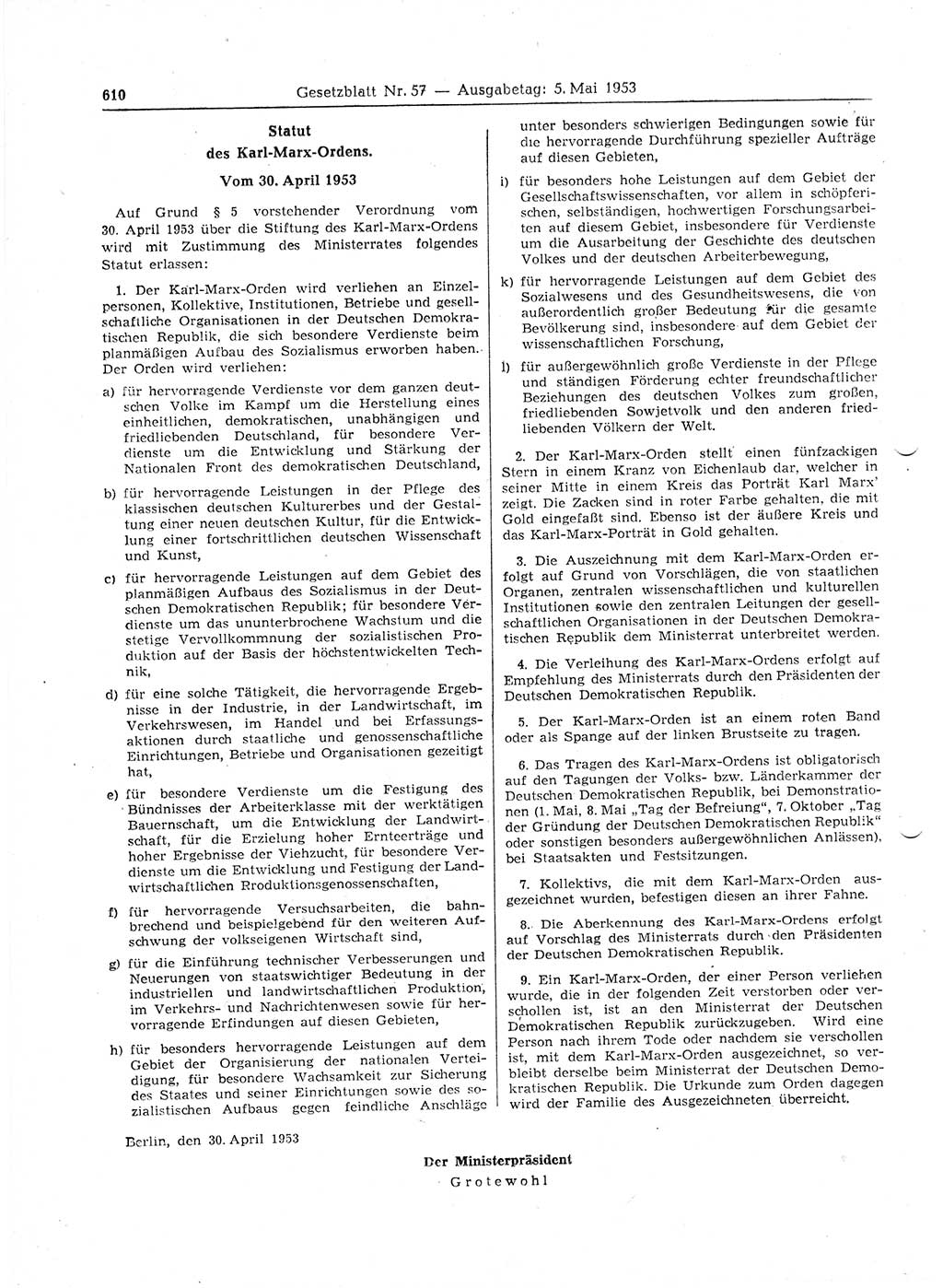 Gesetzblatt (GBl.) der Deutschen Demokratischen Republik (DDR) 1953, Seite 610 (GBl. DDR 1953, S. 610)