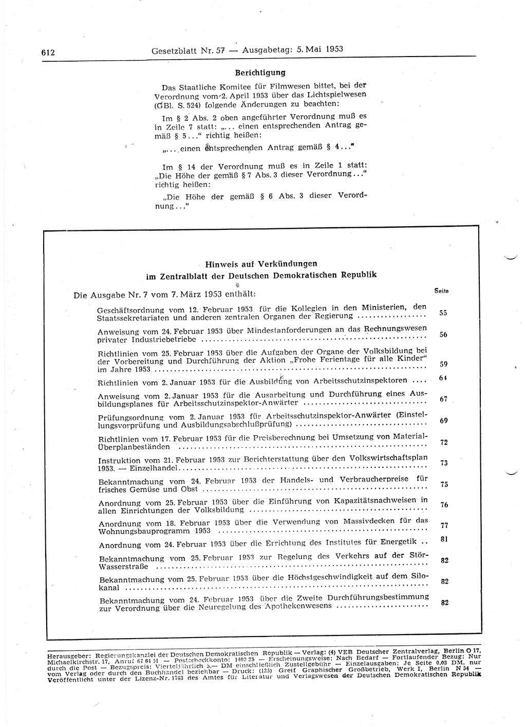 Gesetzblatt (GBl.) der Deutschen Demokratischen Republik (DDR) 1953, Seite 612 (GBl. DDR 1953, S. 612)