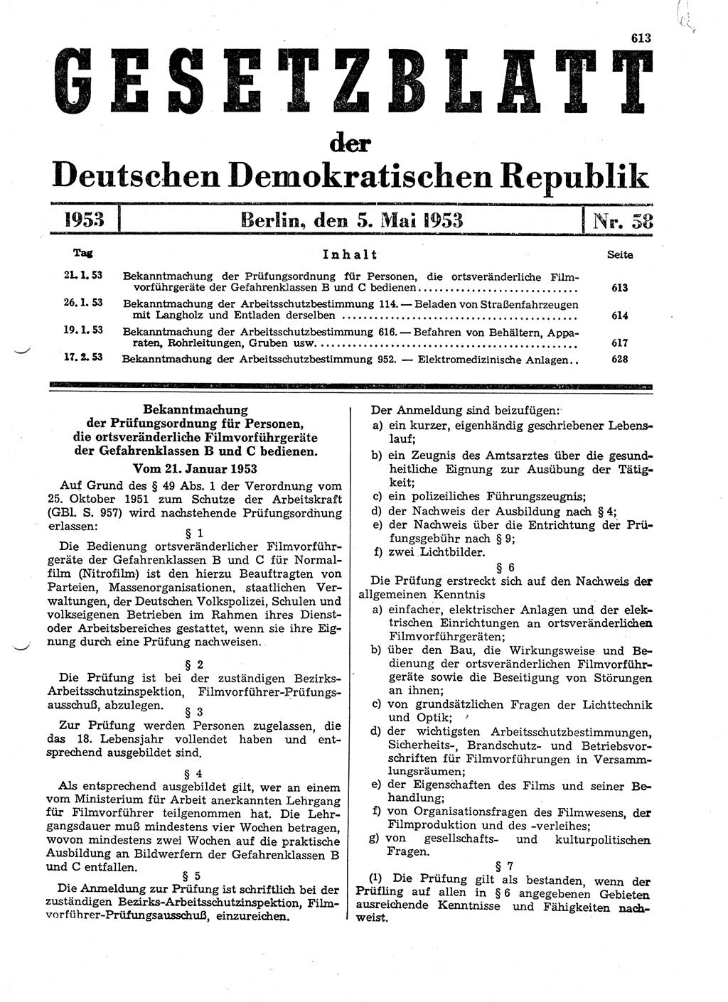 Gesetzblatt (GBl.) der Deutschen Demokratischen Republik (DDR) 1953, Seite 613 (GBl. DDR 1953, S. 613)