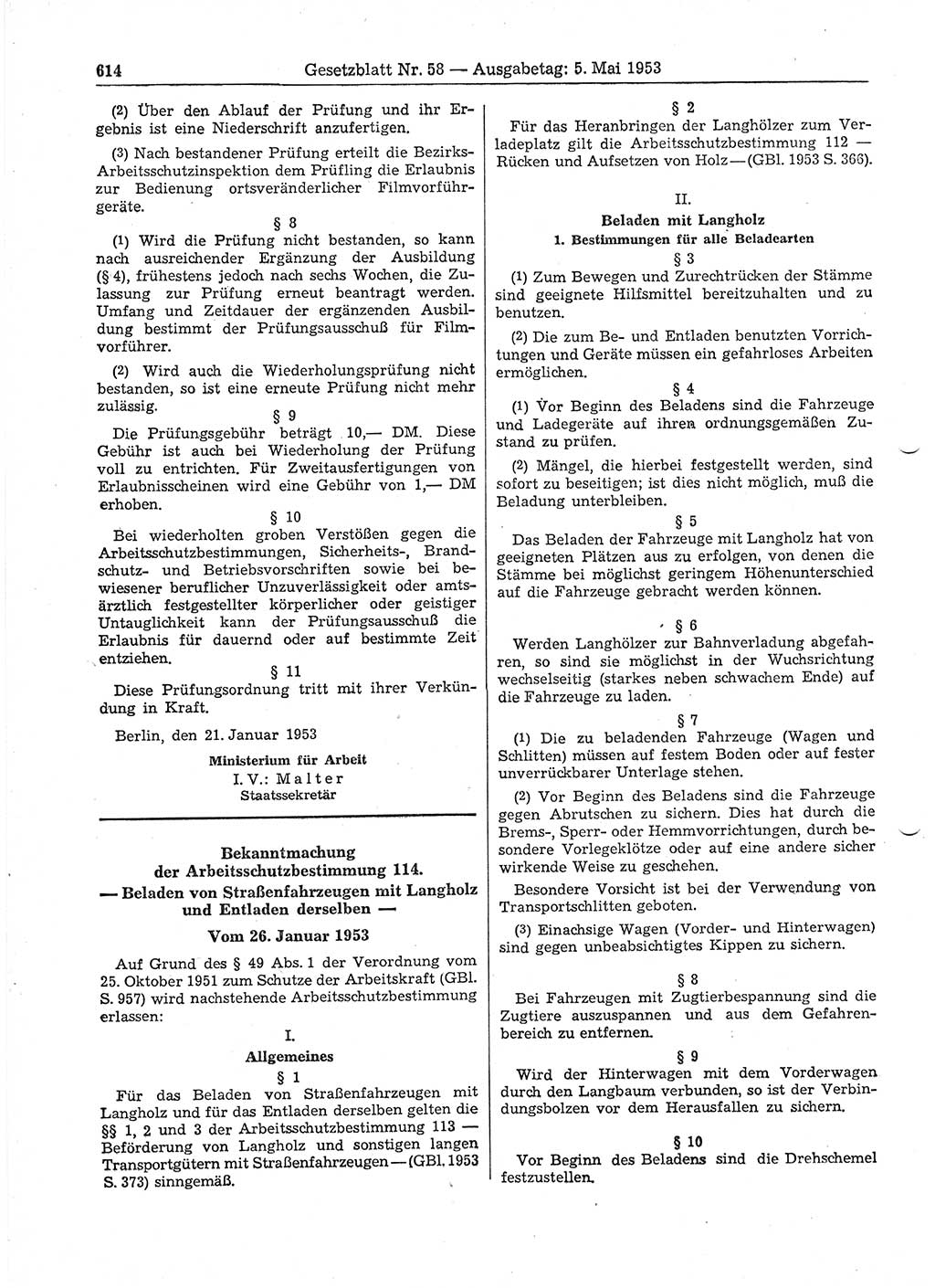 Gesetzblatt (GBl.) der Deutschen Demokratischen Republik (DDR) 1953, Seite 614 (GBl. DDR 1953, S. 614)