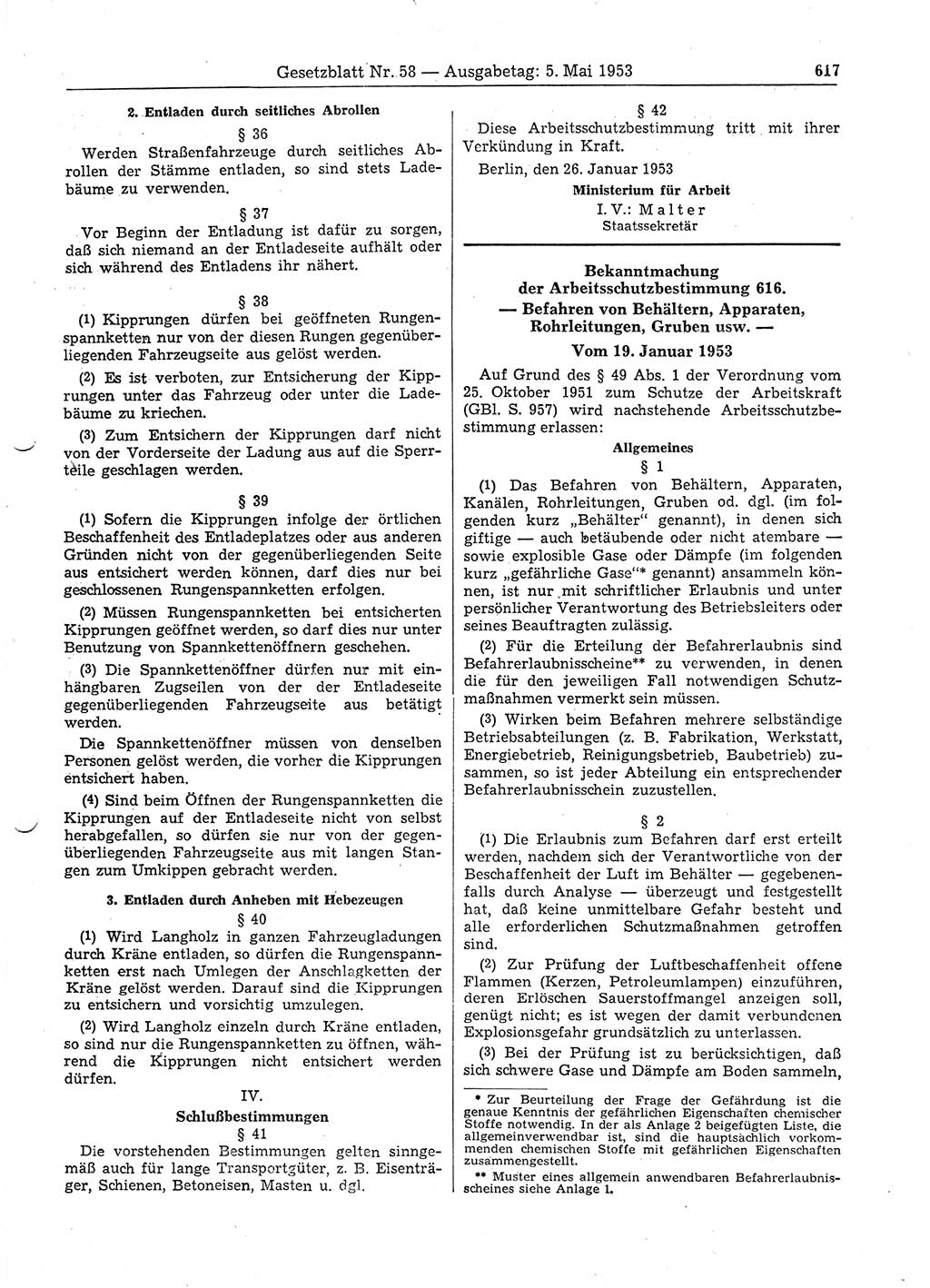 Gesetzblatt (GBl.) der Deutschen Demokratischen Republik (DDR) 1953, Seite 617 (GBl. DDR 1953, S. 617)