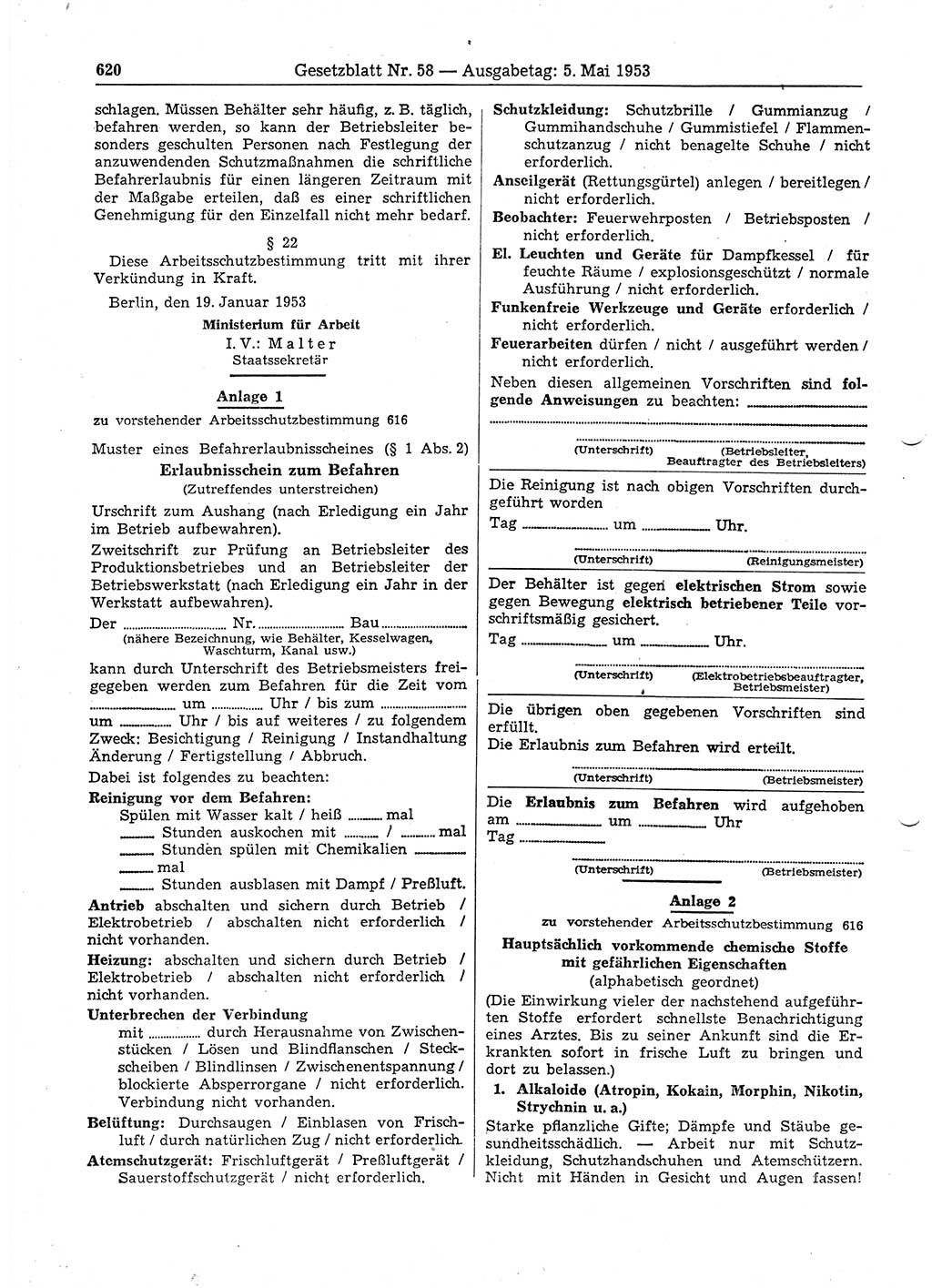 Gesetzblatt (GBl.) der Deutschen Demokratischen Republik (DDR) 1953, Seite 620 (GBl. DDR 1953, S. 620)