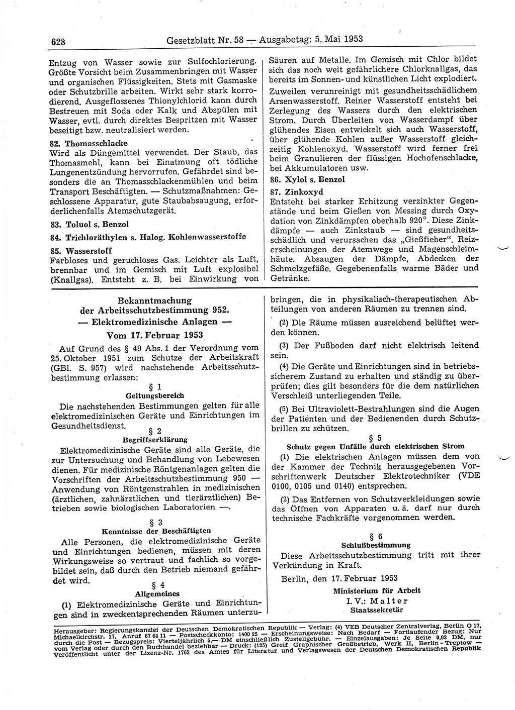 Gesetzblatt (GBl.) der Deutschen Demokratischen Republik (DDR) 1953, Seite 628 (GBl. DDR 1953, S. 628)