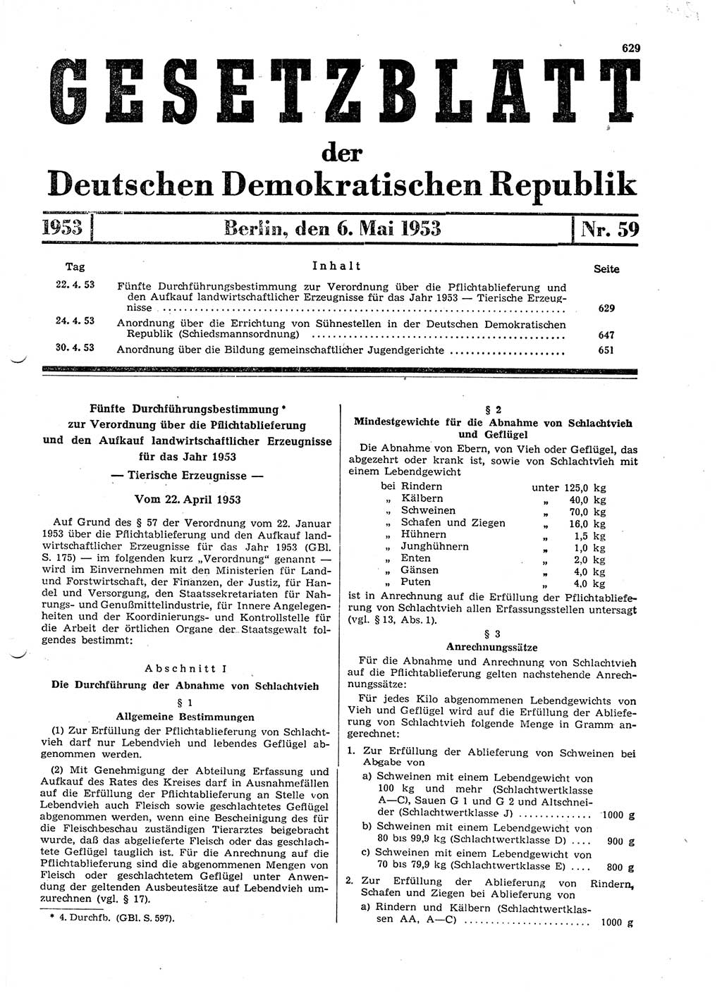 Gesetzblatt (GBl.) der Deutschen Demokratischen Republik (DDR) 1953, Seite 629 (GBl. DDR 1953, S. 629)