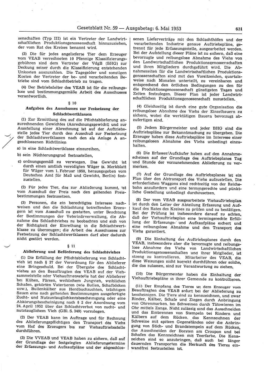 Gesetzblatt (GBl.) der Deutschen Demokratischen Republik (DDR) 1953, Seite 631 (GBl. DDR 1953, S. 631)