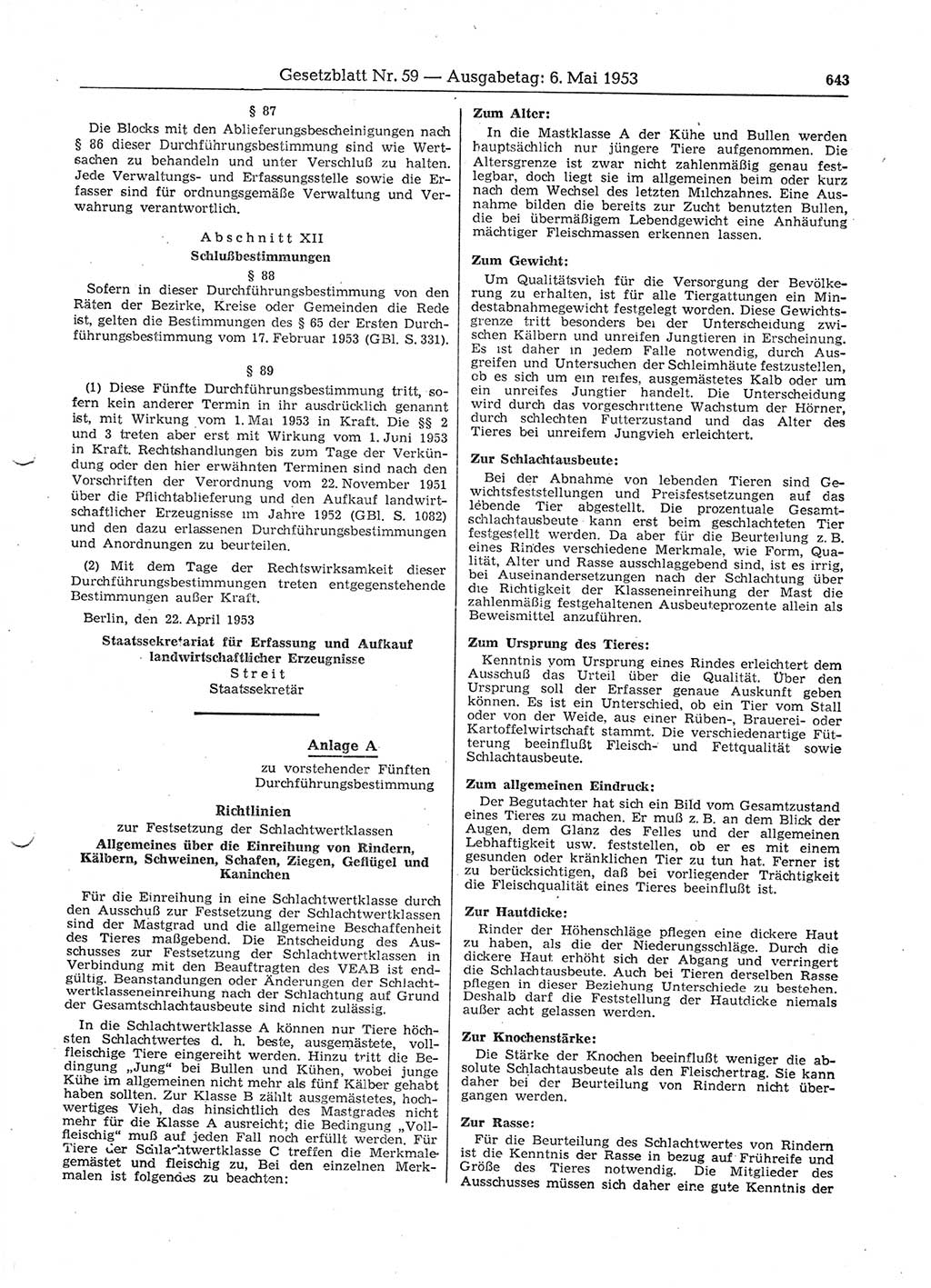 Gesetzblatt (GBl.) der Deutschen Demokratischen Republik (DDR) 1953, Seite 643 (GBl. DDR 1953, S. 643)