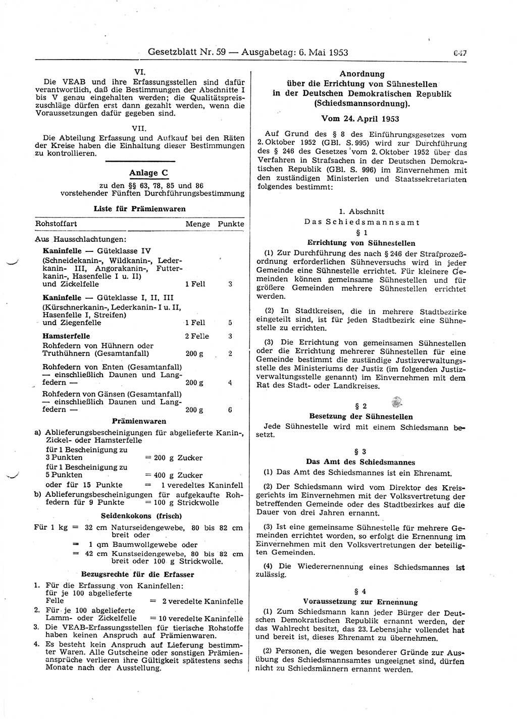 Gesetzblatt (GBl.) der Deutschen Demokratischen Republik (DDR) 1953, Seite 647 (GBl. DDR 1953, S. 647)