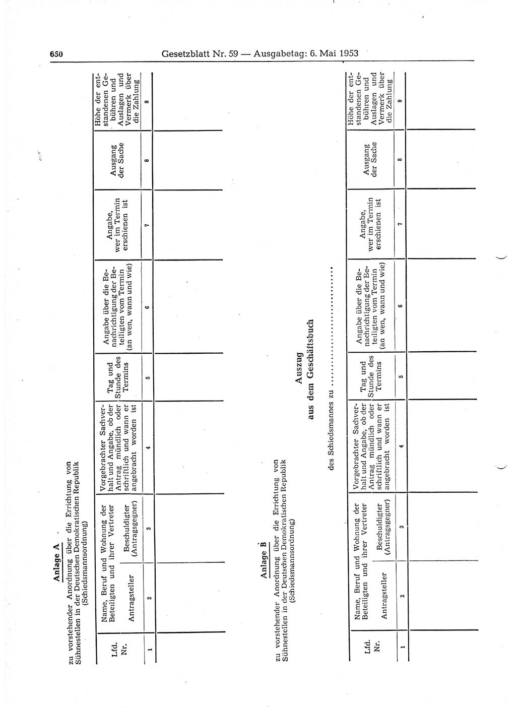 Gesetzblatt (GBl.) der Deutschen Demokratischen Republik (DDR) 1953, Seite 650 (GBl. DDR 1953, S. 650)