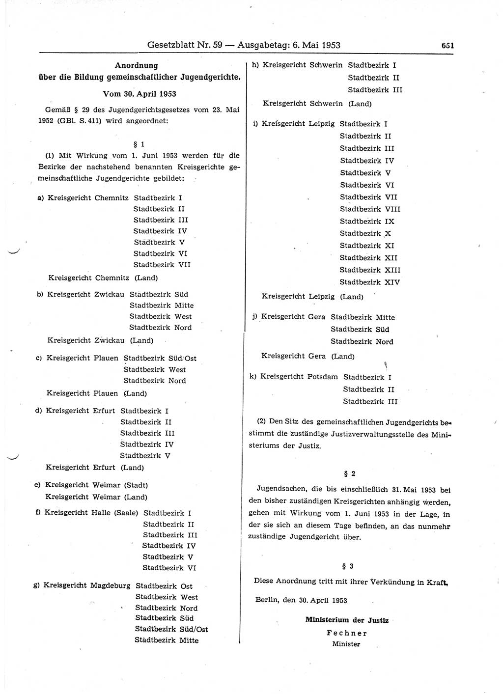 Gesetzblatt (GBl.) der Deutschen Demokratischen Republik (DDR) 1953, Seite 651 (GBl. DDR 1953, S. 651)