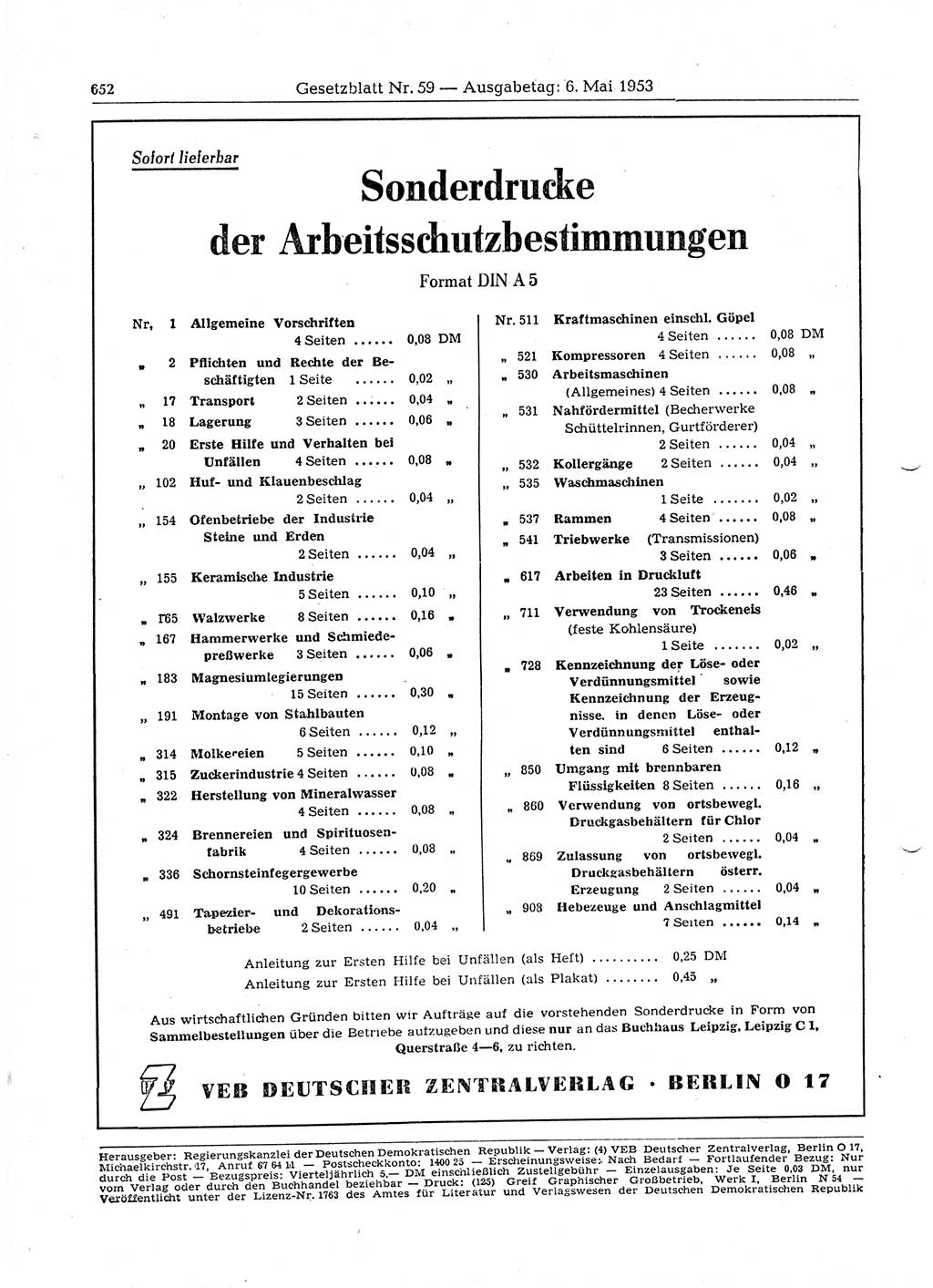 Gesetzblatt (GBl.) der Deutschen Demokratischen Republik (DDR) 1953, Seite 652 (GBl. DDR 1953, S. 652)