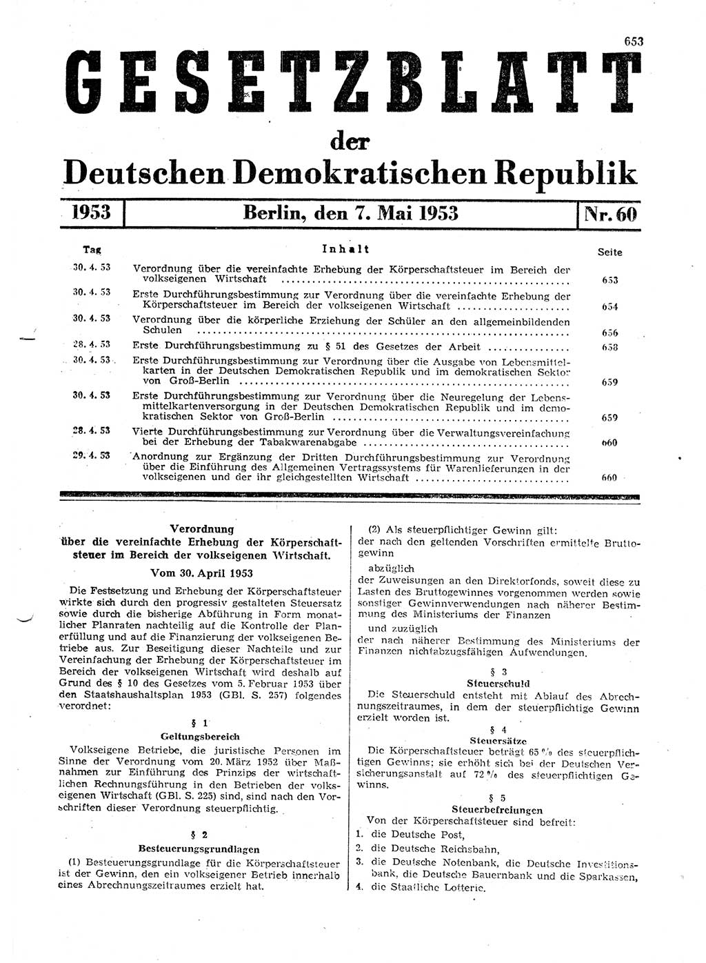 Gesetzblatt (GBl.) der Deutschen Demokratischen Republik (DDR) 1953, Seite 653 (GBl. DDR 1953, S. 653)