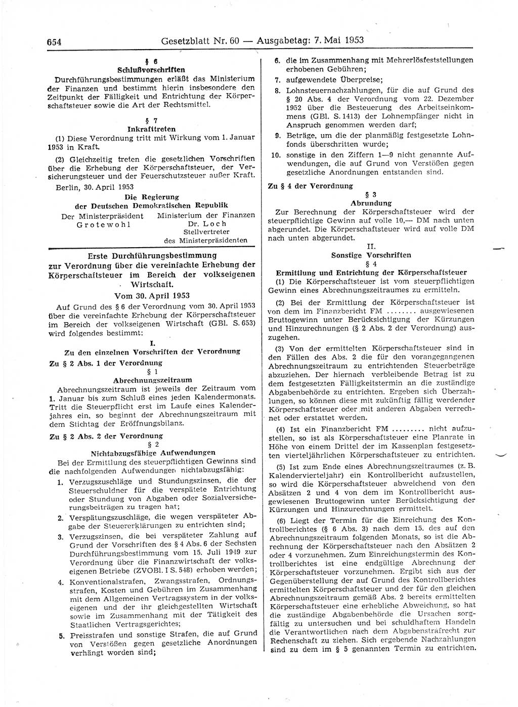 Gesetzblatt (GBl.) der Deutschen Demokratischen Republik (DDR) 1953, Seite 654 (GBl. DDR 1953, S. 654)