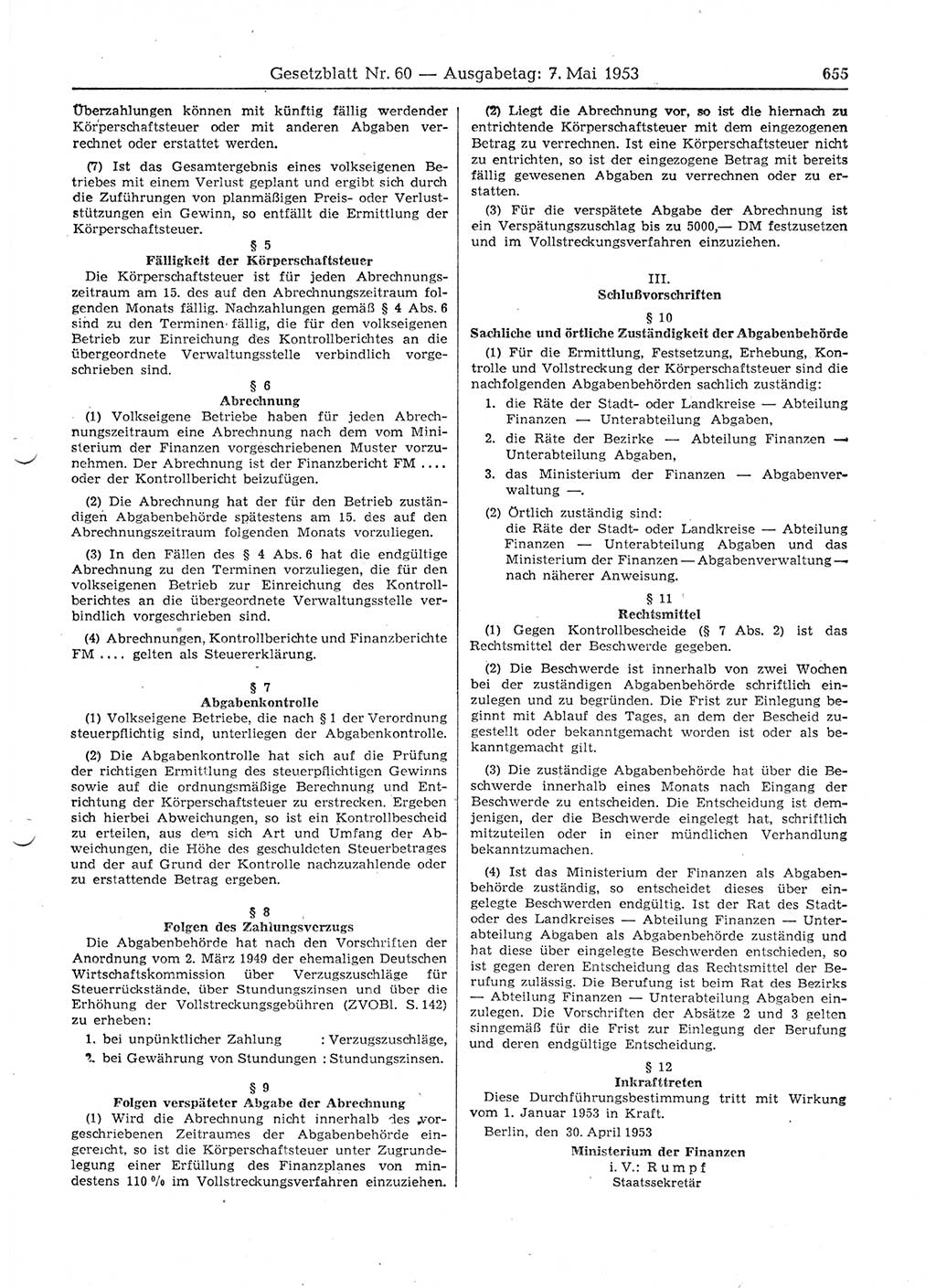 Gesetzblatt (GBl.) der Deutschen Demokratischen Republik (DDR) 1953, Seite 655 (GBl. DDR 1953, S. 655)