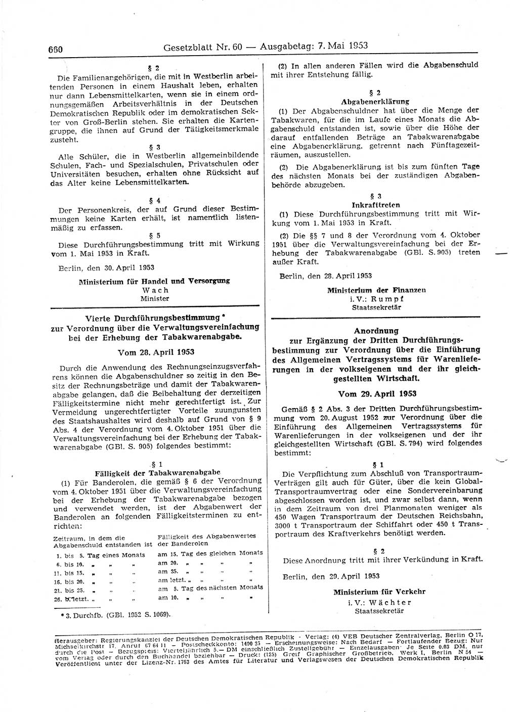 Gesetzblatt (GBl.) der Deutschen Demokratischen Republik (DDR) 1953, Seite 660 (GBl. DDR 1953, S. 660)