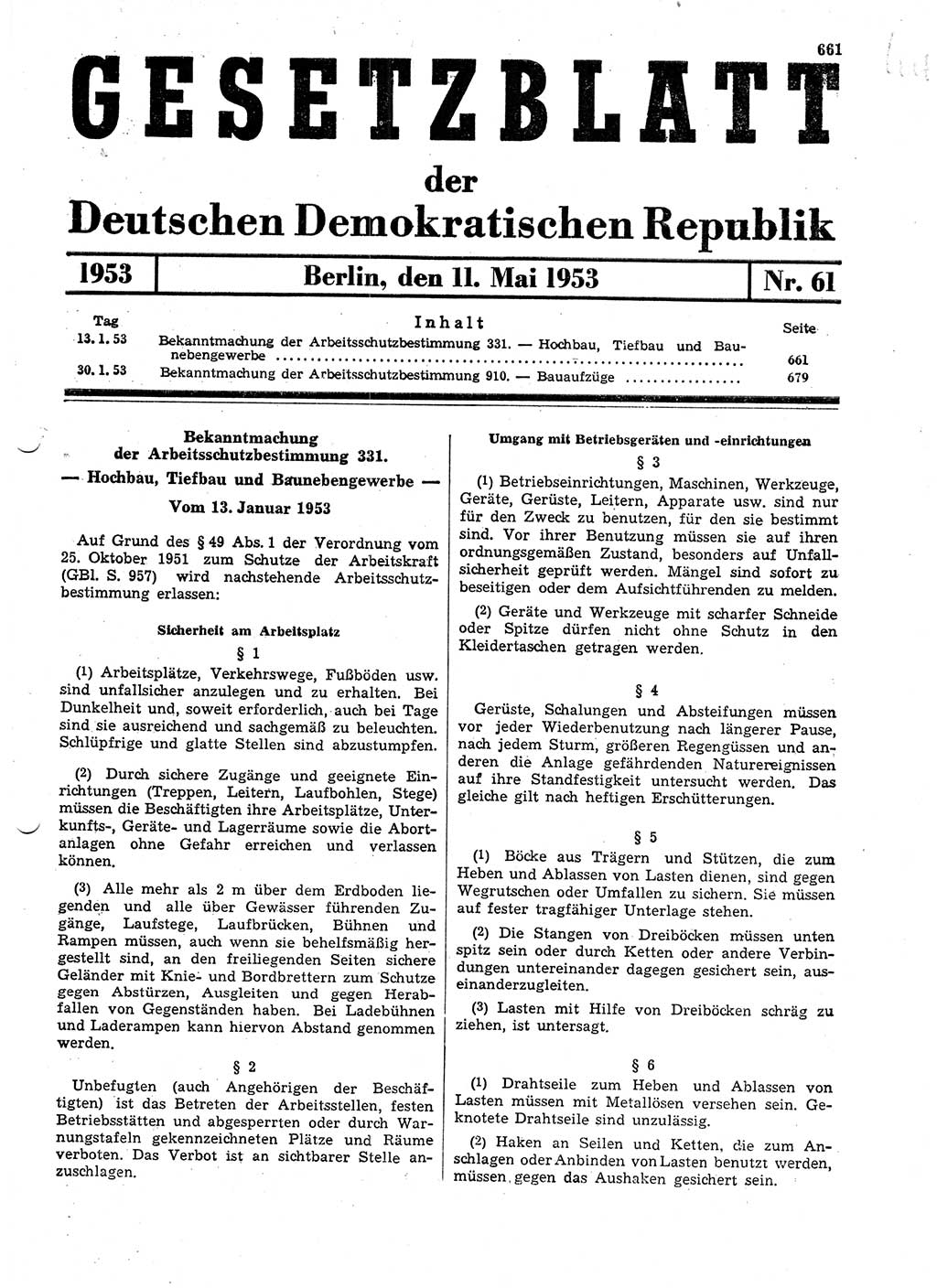 Gesetzblatt (GBl.) der Deutschen Demokratischen Republik (DDR) 1953, Seite 661 (GBl. DDR 1953, S. 661)