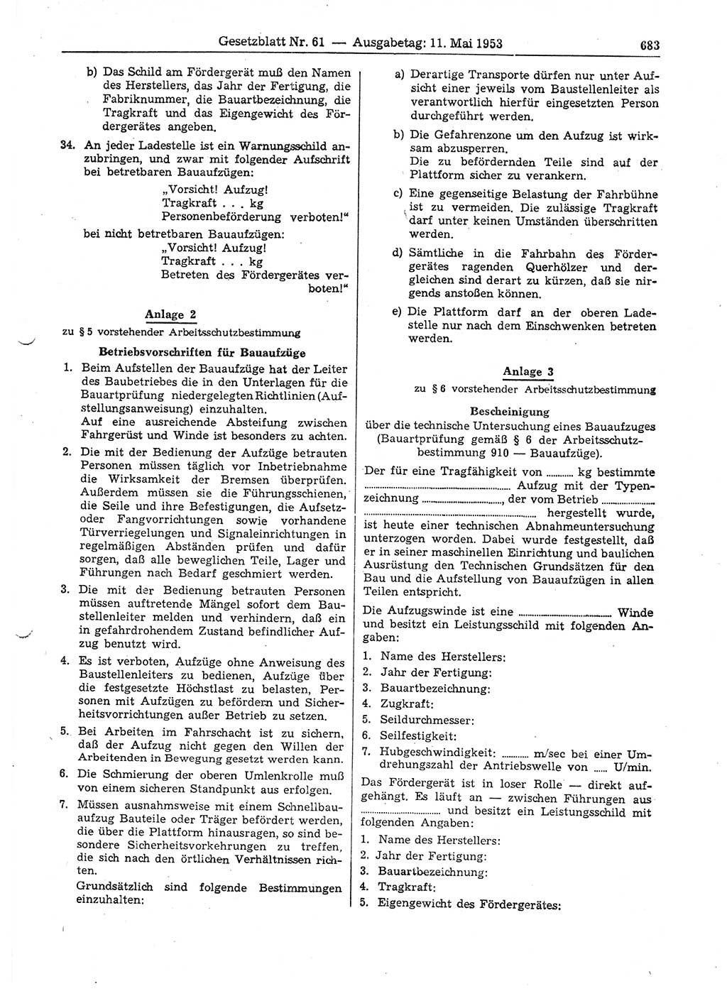 Gesetzblatt (GBl.) der Deutschen Demokratischen Republik (DDR) 1953, Seite 683 (GBl. DDR 1953, S. 683)