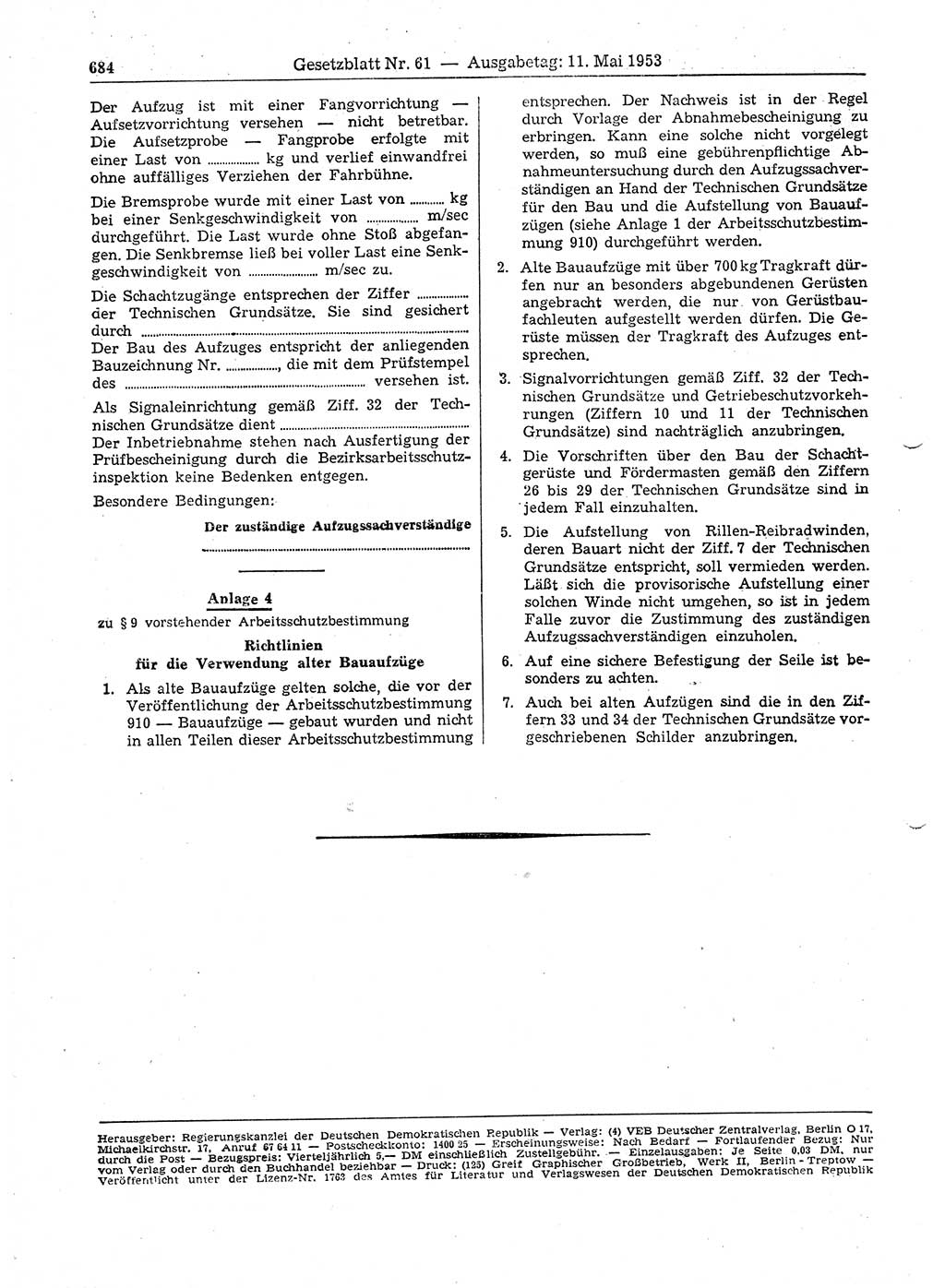 Gesetzblatt (GBl.) der Deutschen Demokratischen Republik (DDR) 1953, Seite 684 (GBl. DDR 1953, S. 684)