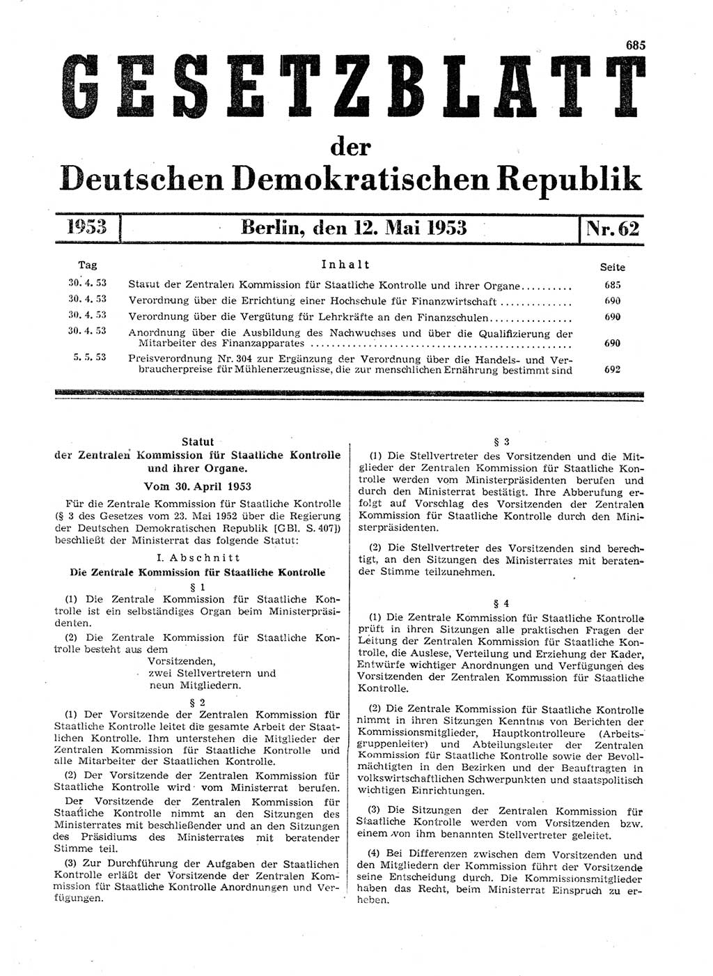 Gesetzblatt (GBl.) der Deutschen Demokratischen Republik (DDR) 1953, Seite 685 (GBl. DDR 1953, S. 685)