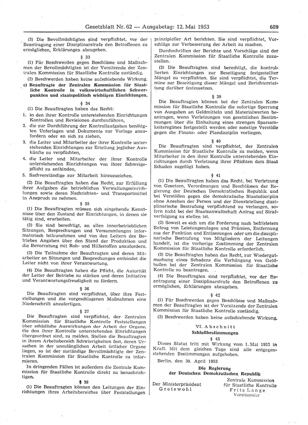 Gesetzblatt (GBl.) der Deutschen Demokratischen Republik (DDR) 1953, Seite 689 (GBl. DDR 1953, S. 689)