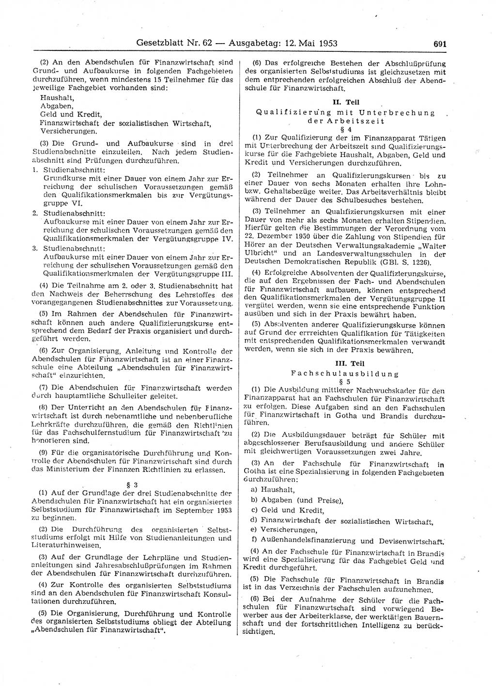 Gesetzblatt (GBl.) der Deutschen Demokratischen Republik (DDR) 1953, Seite 691 (GBl. DDR 1953, S. 691)