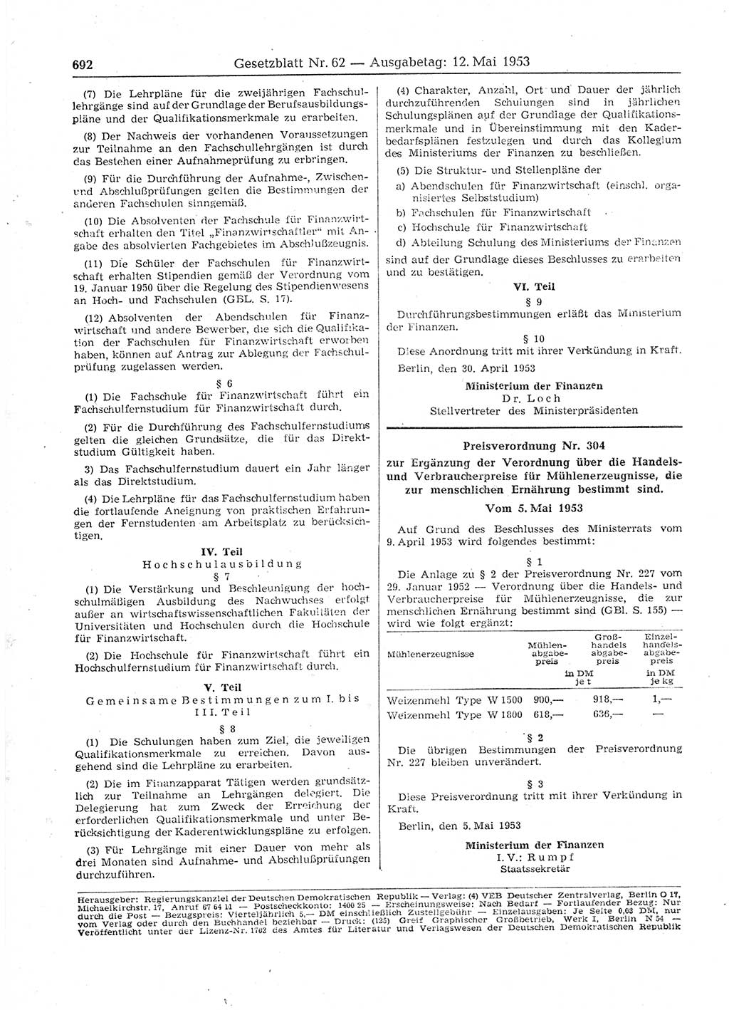 Gesetzblatt (GBl.) der Deutschen Demokratischen Republik (DDR) 1953, Seite 692 (GBl. DDR 1953, S. 692)
