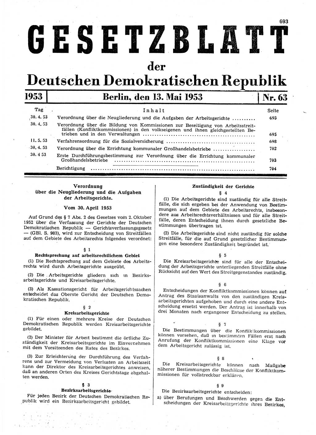 Gesetzblatt (GBl.) der Deutschen Demokratischen Republik (DDR) 1953, Seite 693 (GBl. DDR 1953, S. 693)