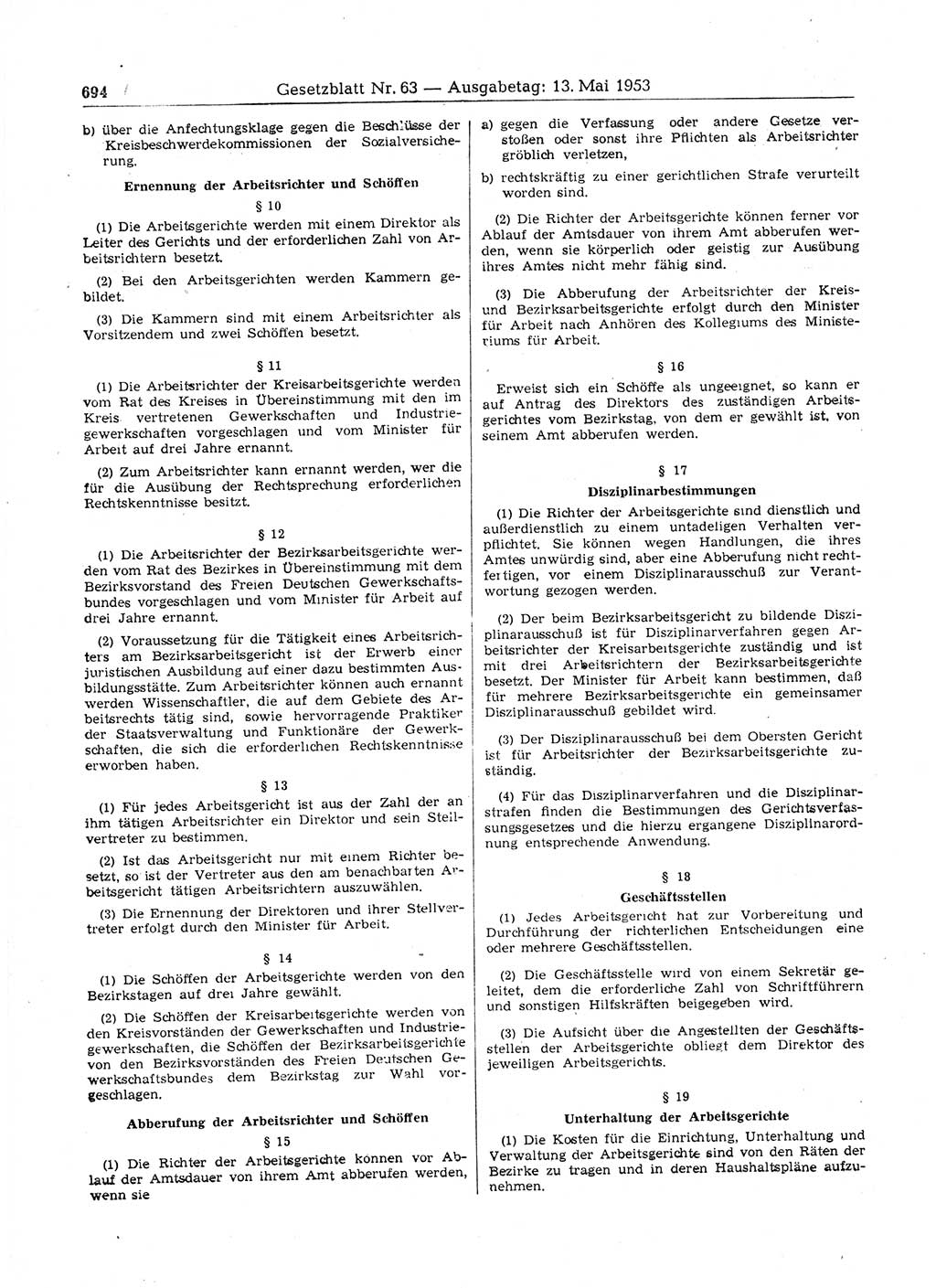 Gesetzblatt (GBl.) der Deutschen Demokratischen Republik (DDR) 1953, Seite 694 (GBl. DDR 1953, S. 694)