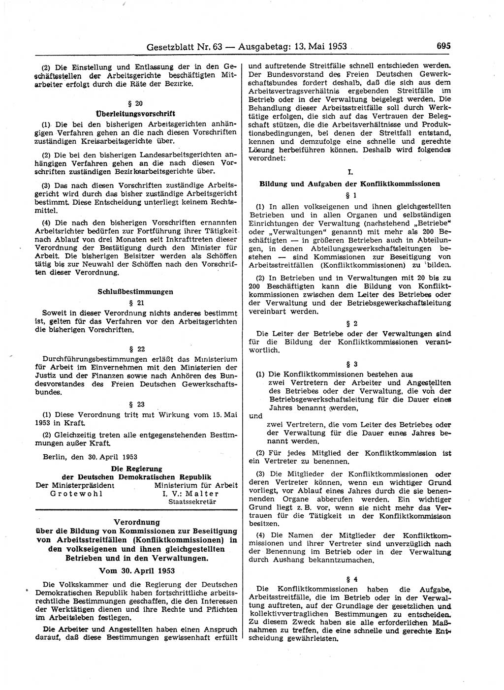 Gesetzblatt (GBl.) der Deutschen Demokratischen Republik (DDR) 1953, Seite 695 (GBl. DDR 1953, S. 695)