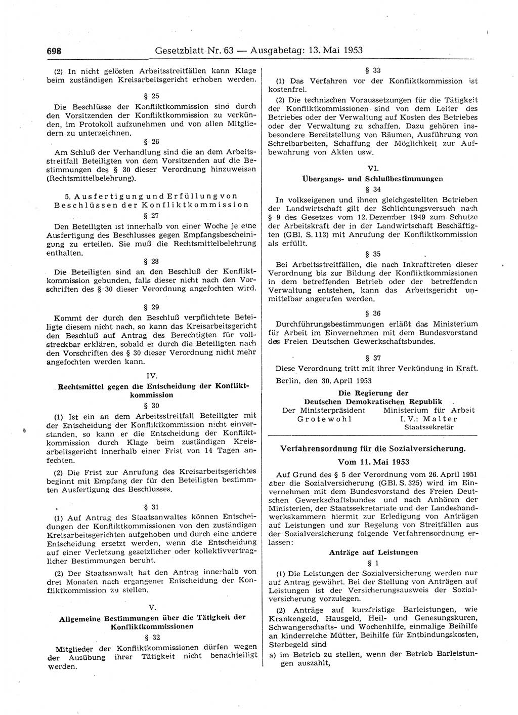 Gesetzblatt (GBl.) der Deutschen Demokratischen Republik (DDR) 1953, Seite 698 (GBl. DDR 1953, S. 698)