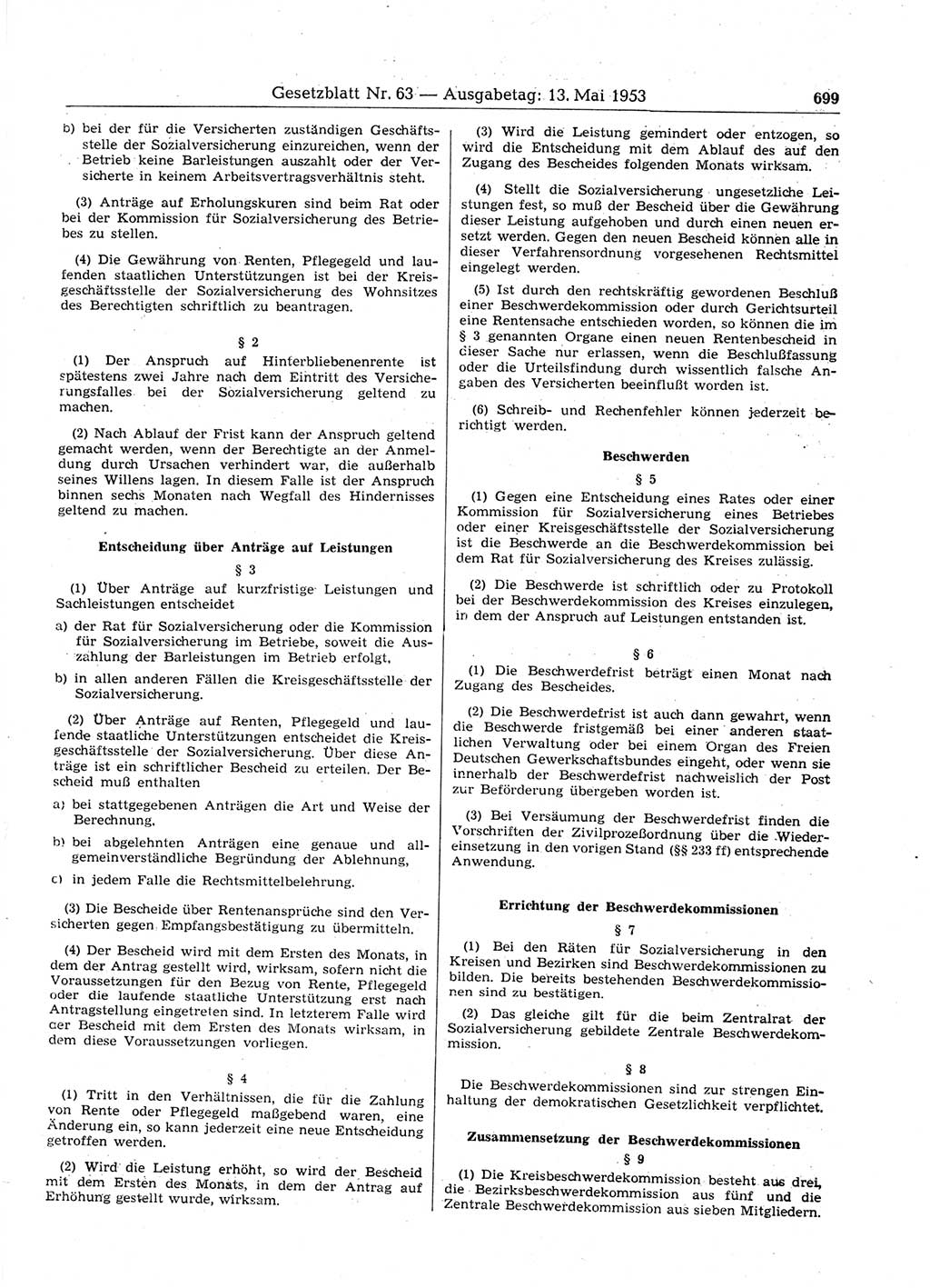 Gesetzblatt (GBl.) der Deutschen Demokratischen Republik (DDR) 1953, Seite 699 (GBl. DDR 1953, S. 699)