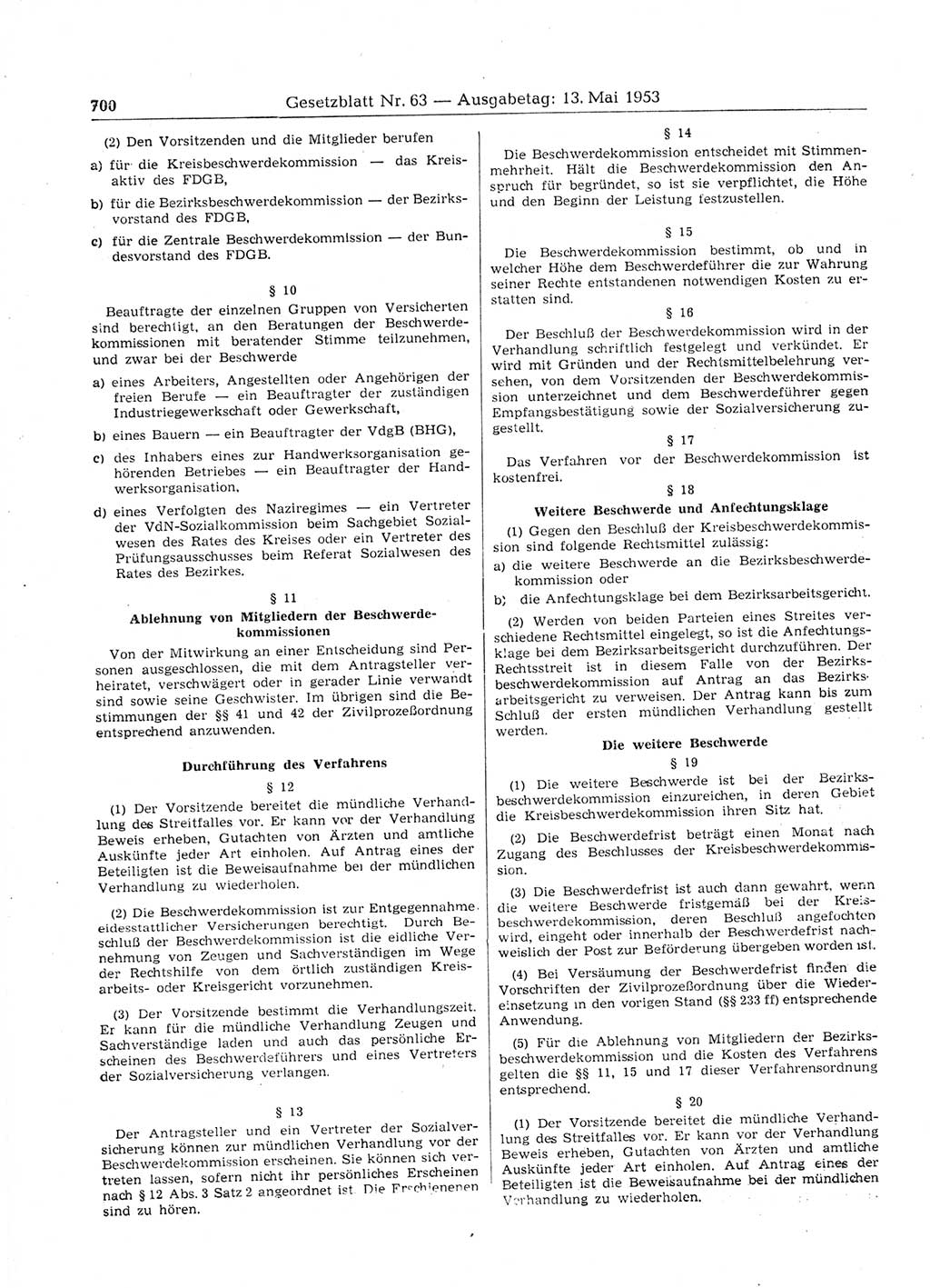 Gesetzblatt (GBl.) der Deutschen Demokratischen Republik (DDR) 1953, Seite 700 (GBl. DDR 1953, S. 700)