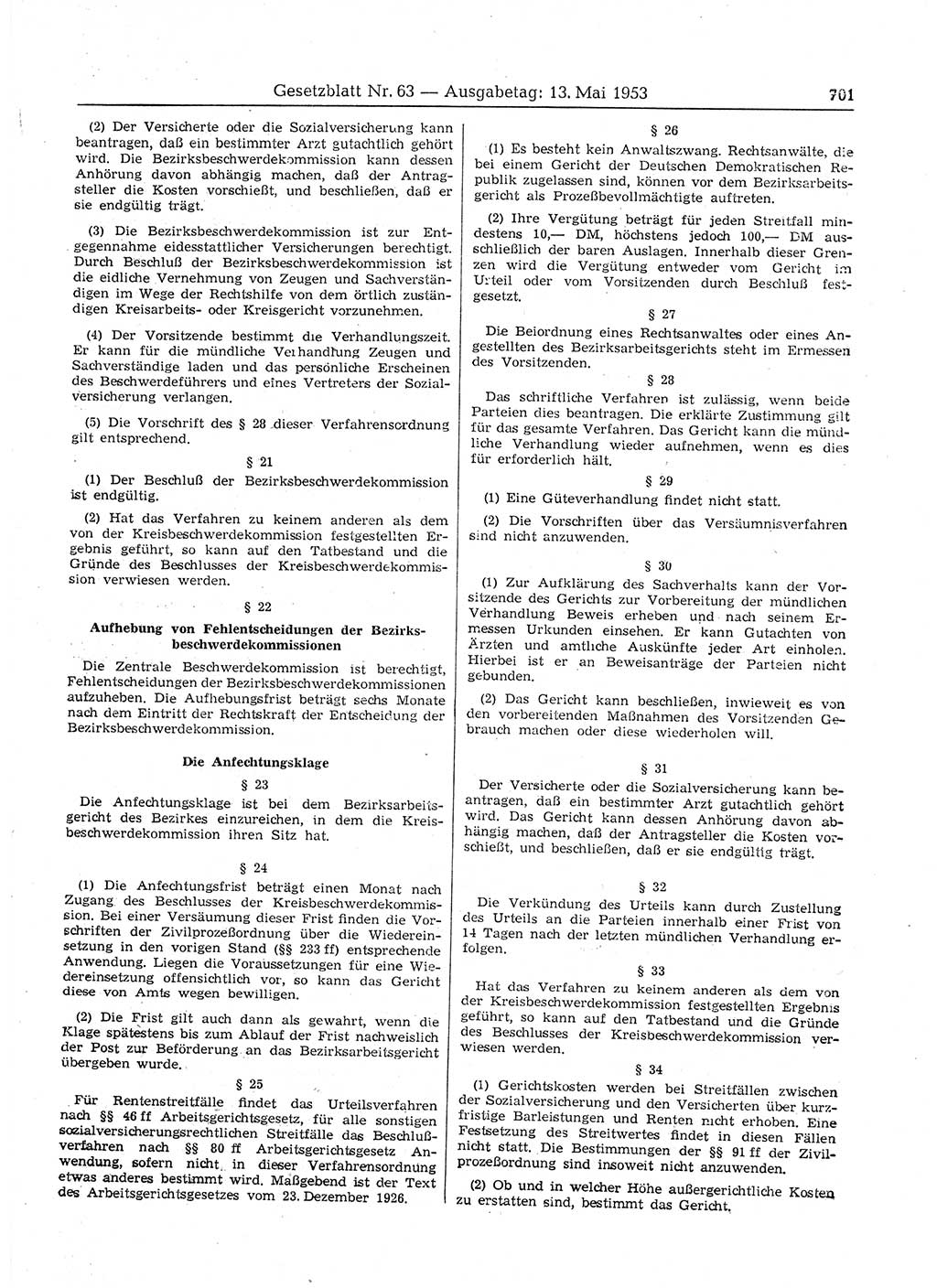 Gesetzblatt (GBl.) der Deutschen Demokratischen Republik (DDR) 1953, Seite 701 (GBl. DDR 1953, S. 701)