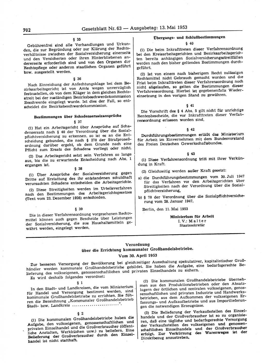 Gesetzblatt (GBl.) der Deutschen Demokratischen Republik (DDR) 1953, Seite 702 (GBl. DDR 1953, S. 702)