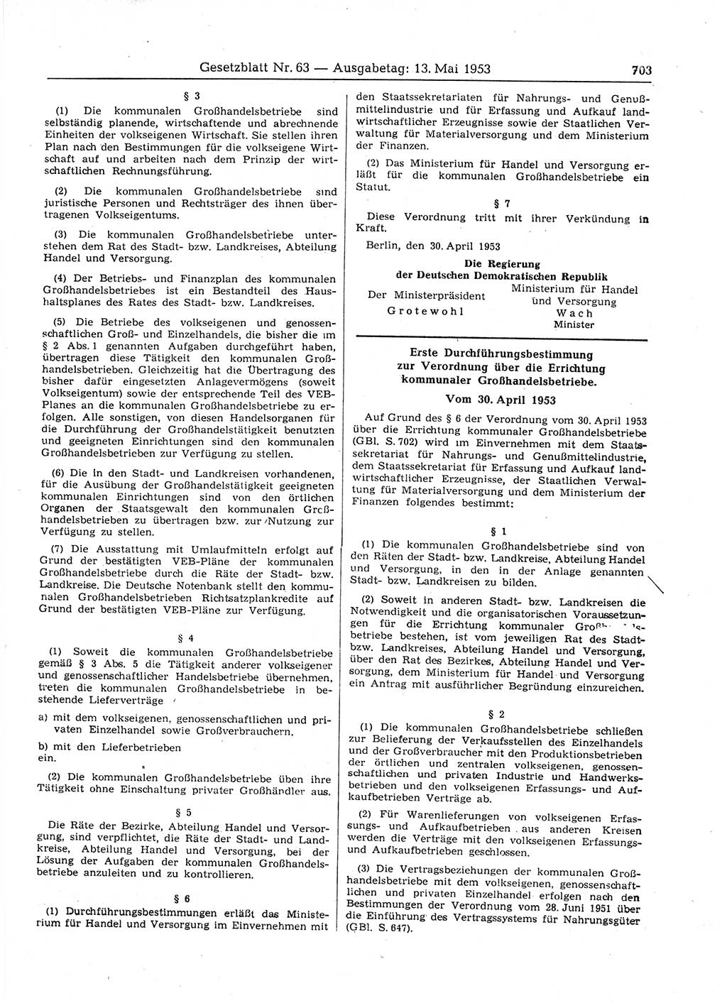 Gesetzblatt (GBl.) der Deutschen Demokratischen Republik (DDR) 1953, Seite 703 (GBl. DDR 1953, S. 703)